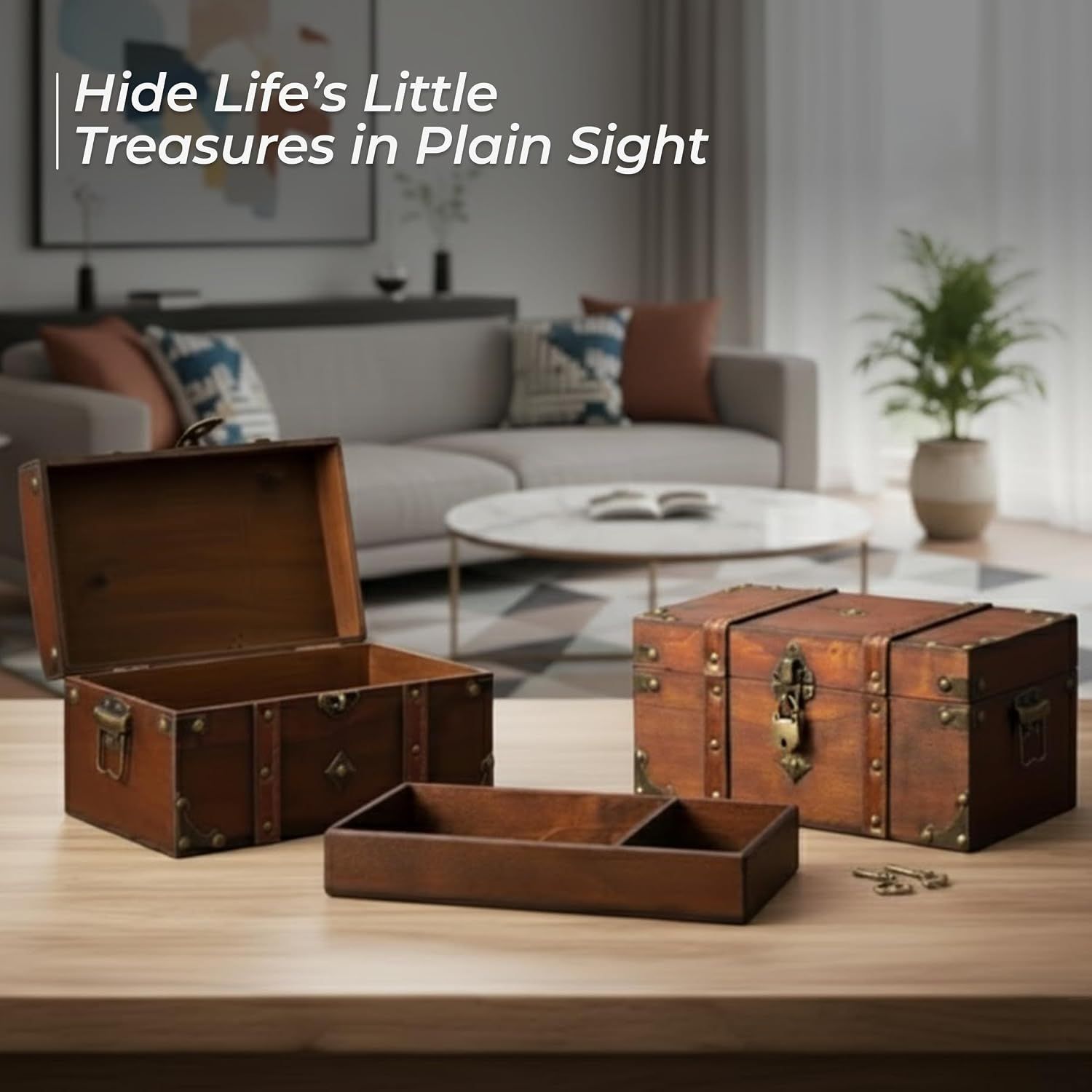 Shows the trunks blending into a living room setting as discreet storage for personal items. Shows the trunk along with its removable tray and key set included in the package.