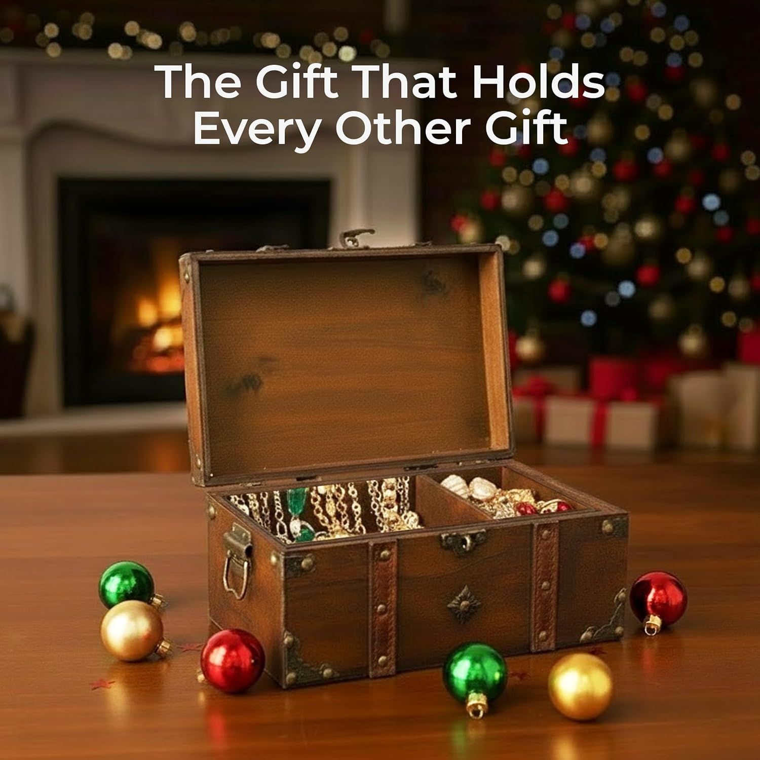 Positions the trunk as a holiday gift with festive ornaments and a Christmas tree backdrop. Communicates that the trunk is a gift that holds jewelry and other gifts.
