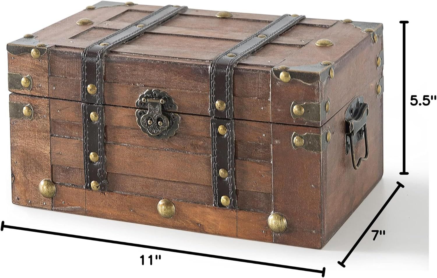 Shows the exact physical dimensions of the treasure chest so shoppers can confirm it fits their intended space.