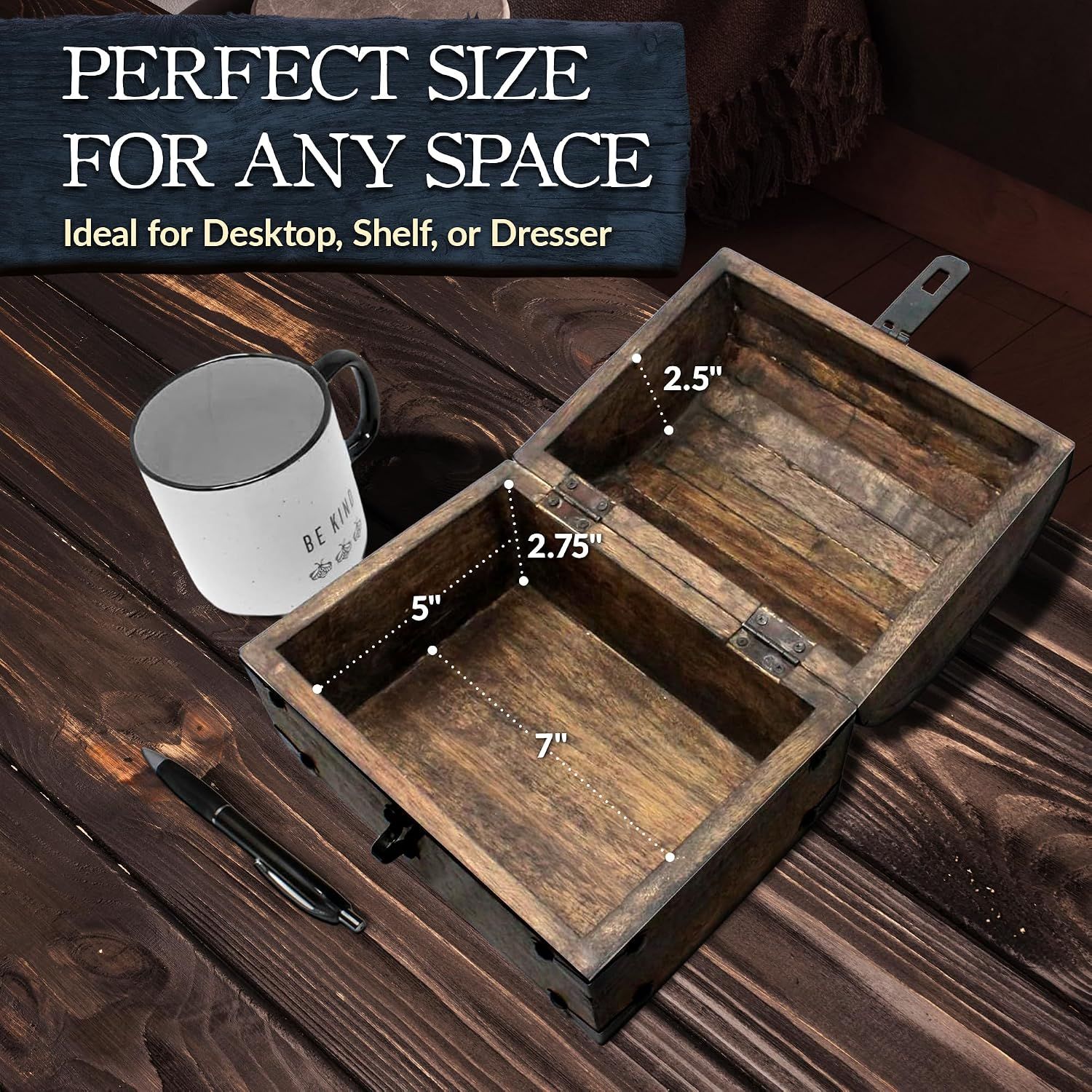 Shows the interior dimensions so shoppers can confirm it fits their desktop, shelf, or dresser. Reinforces that the box is a compact piece suited to many spaces.