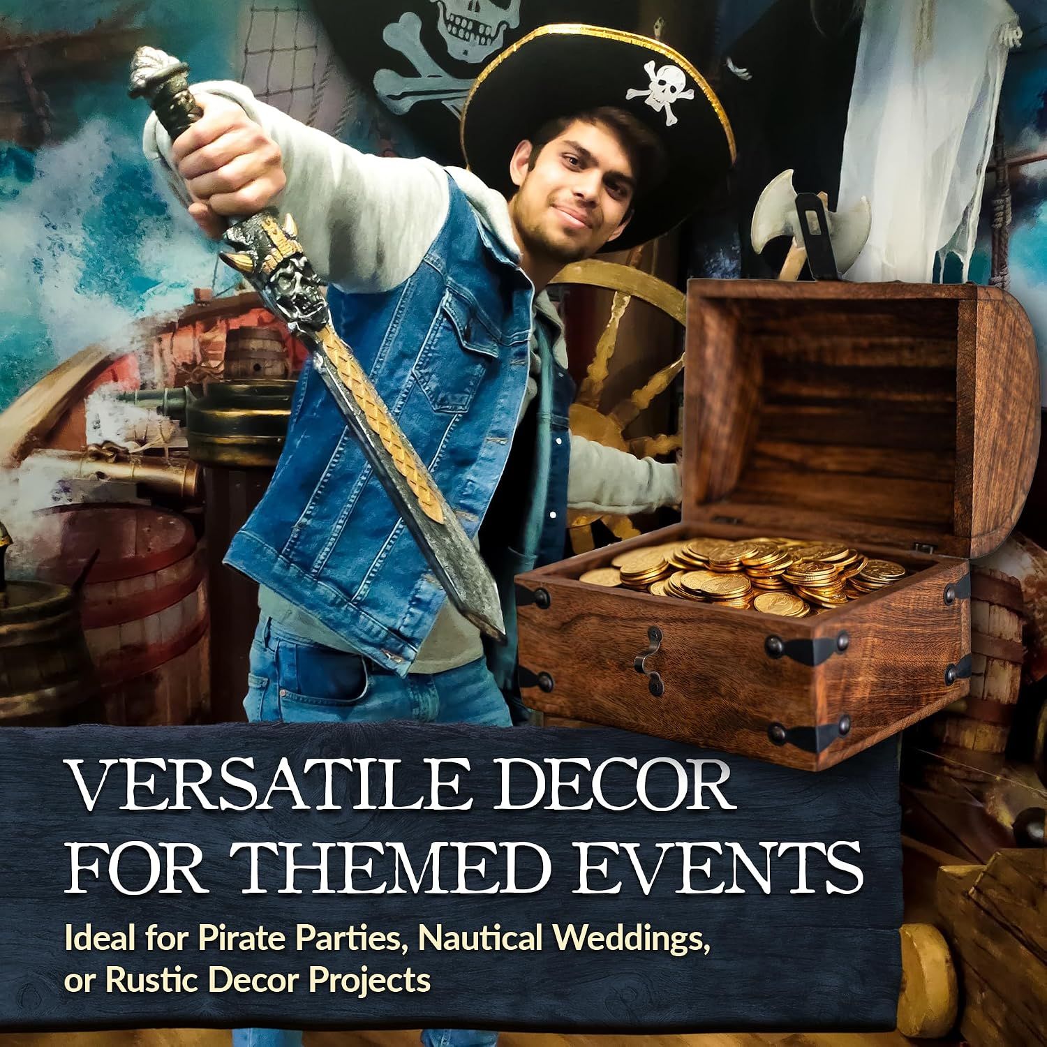 Shows the chest used across several themed events and decor projects to prove its versatility. Reinforces that the chest works as versatile decor for themed occasions.