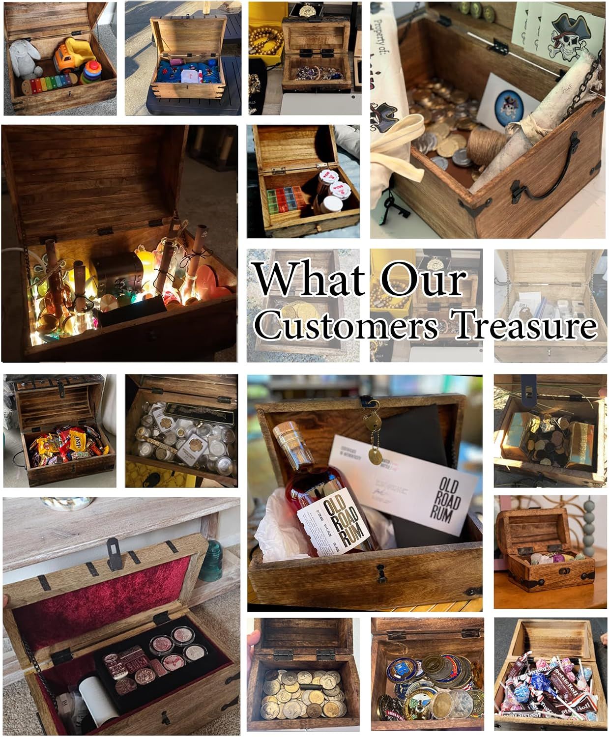 Shows real customer photos of the chest holding a variety of treasures to build trust through authentic use. Demonstrates the many items customers store inside the chest to suggest its practical…