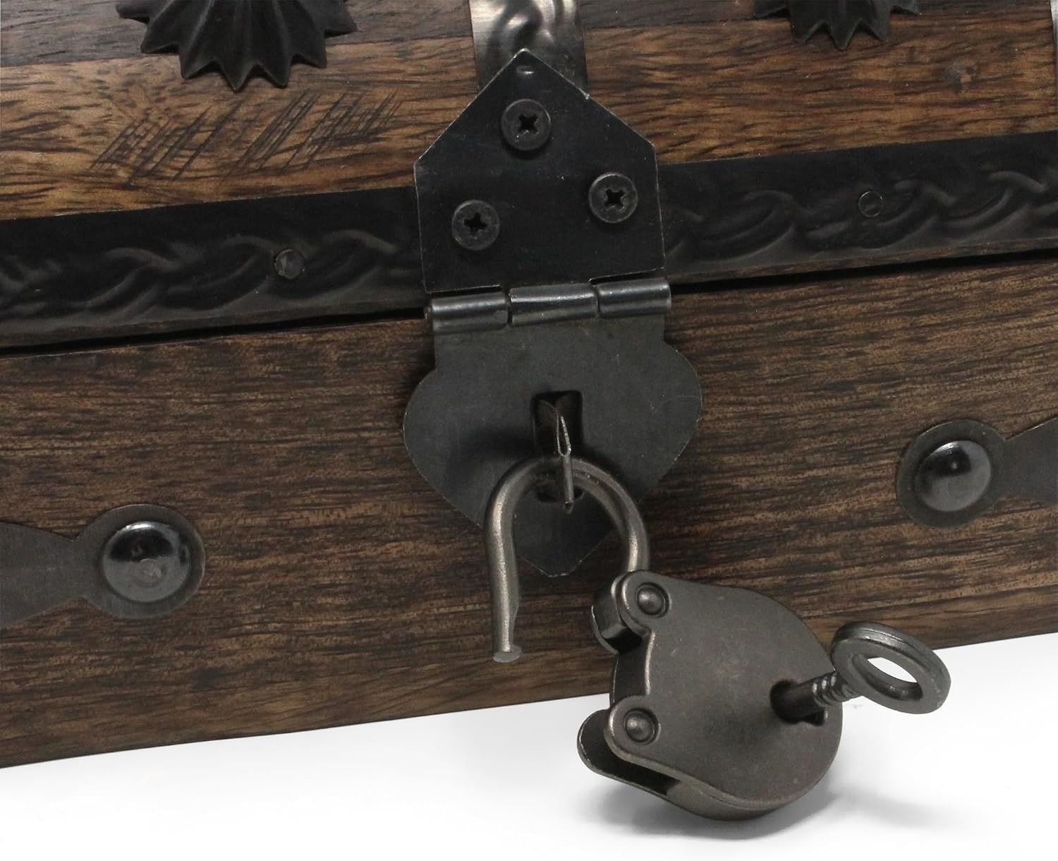 Zooms in on the hardware to show the lock and hinge construction and detail quality.