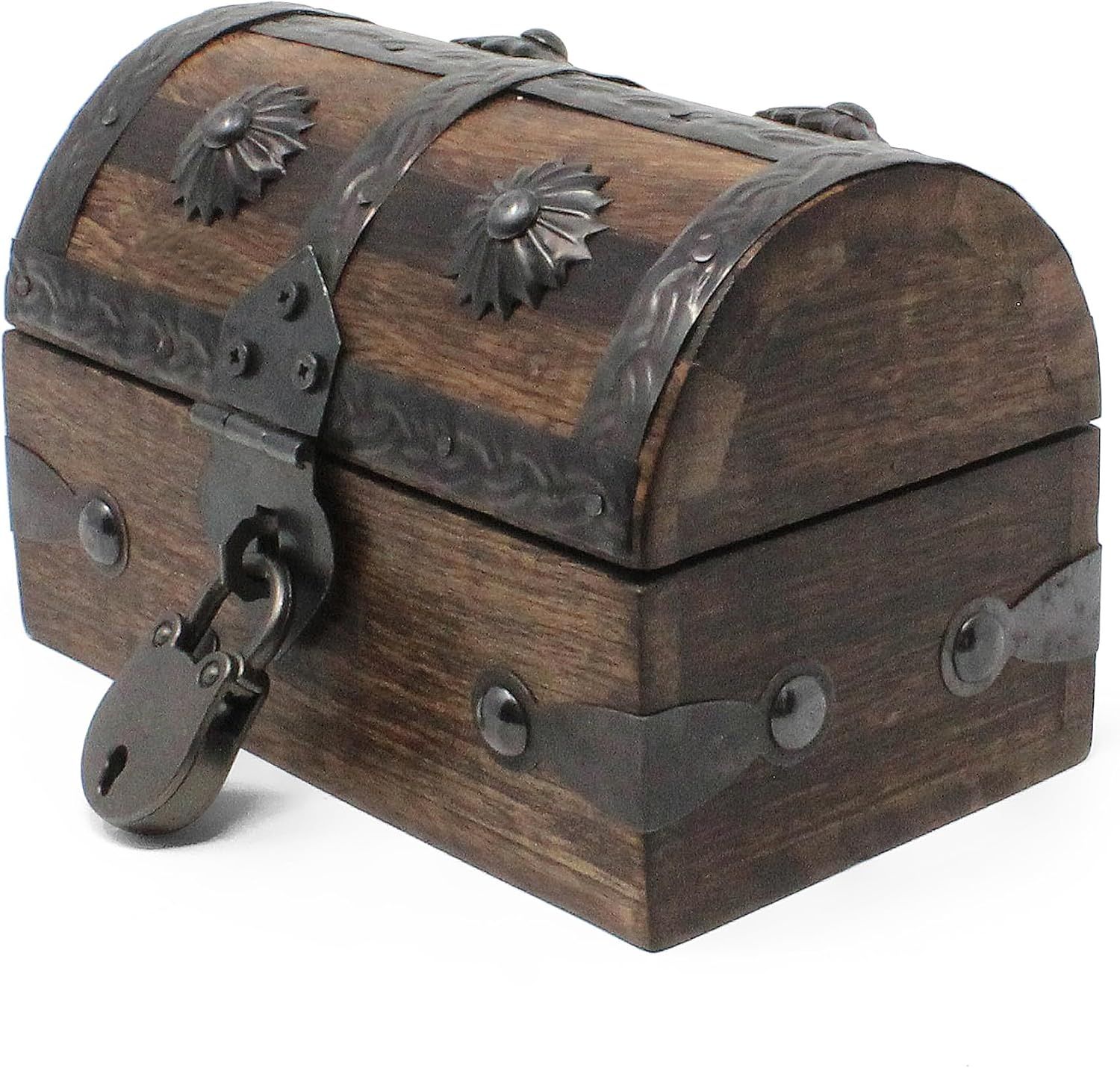 Presents the chest from an angled view to show its overall shape and metal hardware.