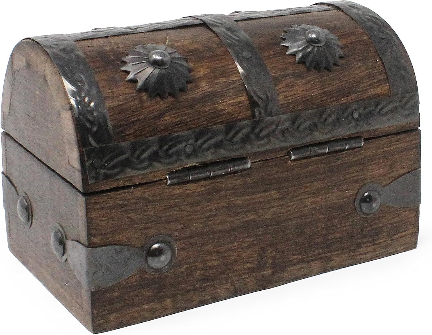 Shows the chest from the front side to display its domed lid and decorative hardware.