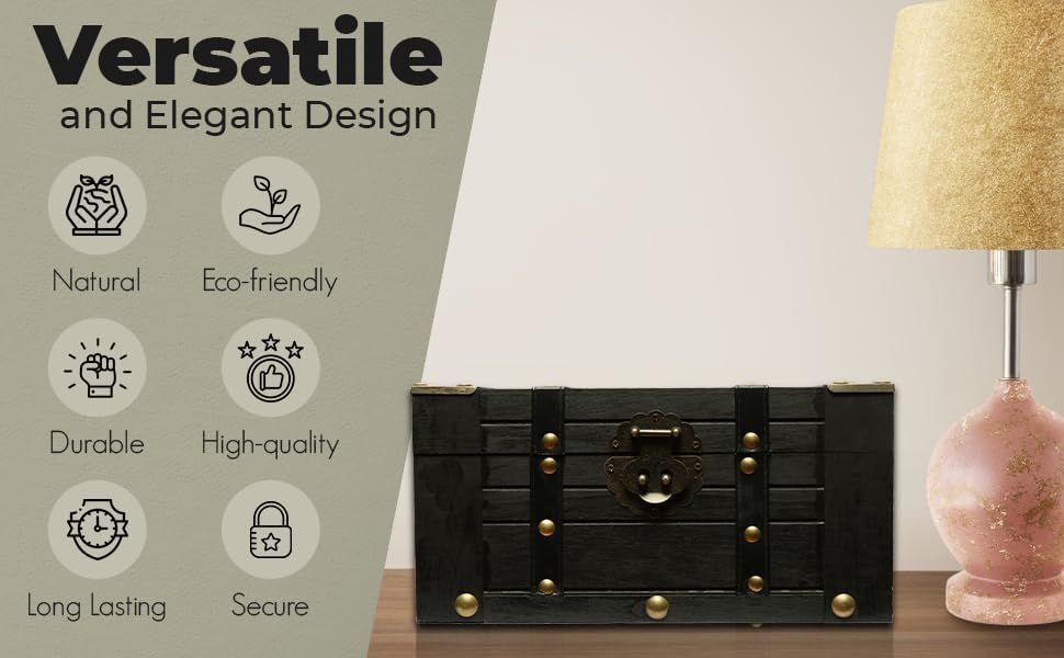 Shows the chest styled on a side table with a row of quality icons to reassure shoppers of its elegant, durable build. Depicts the chest as a decorative piece beside a lamp in a home setting.