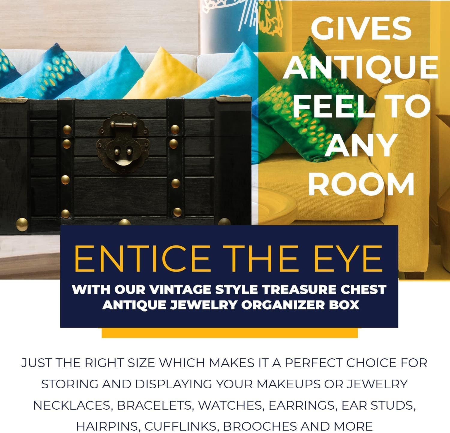 Promotes the antique look that adds vintage character to any room and suits jewelry storage needs. Shows the chest suited for storing makeup and many jewelry types in a decorative room setting.