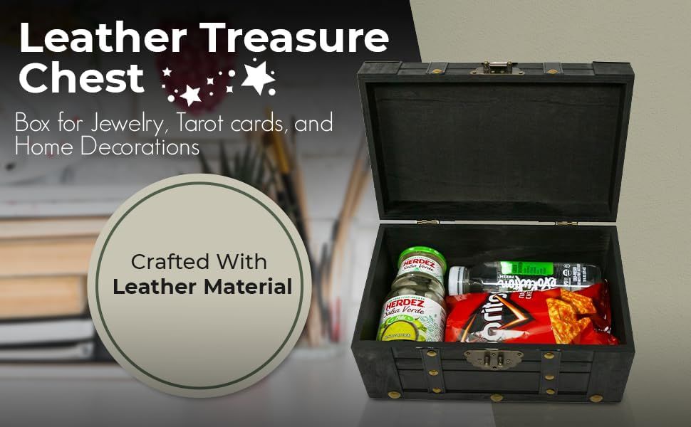 Shows the chest holding varied items to demonstrate its range of storage uses. Highlights the leather material as the key construction claim.