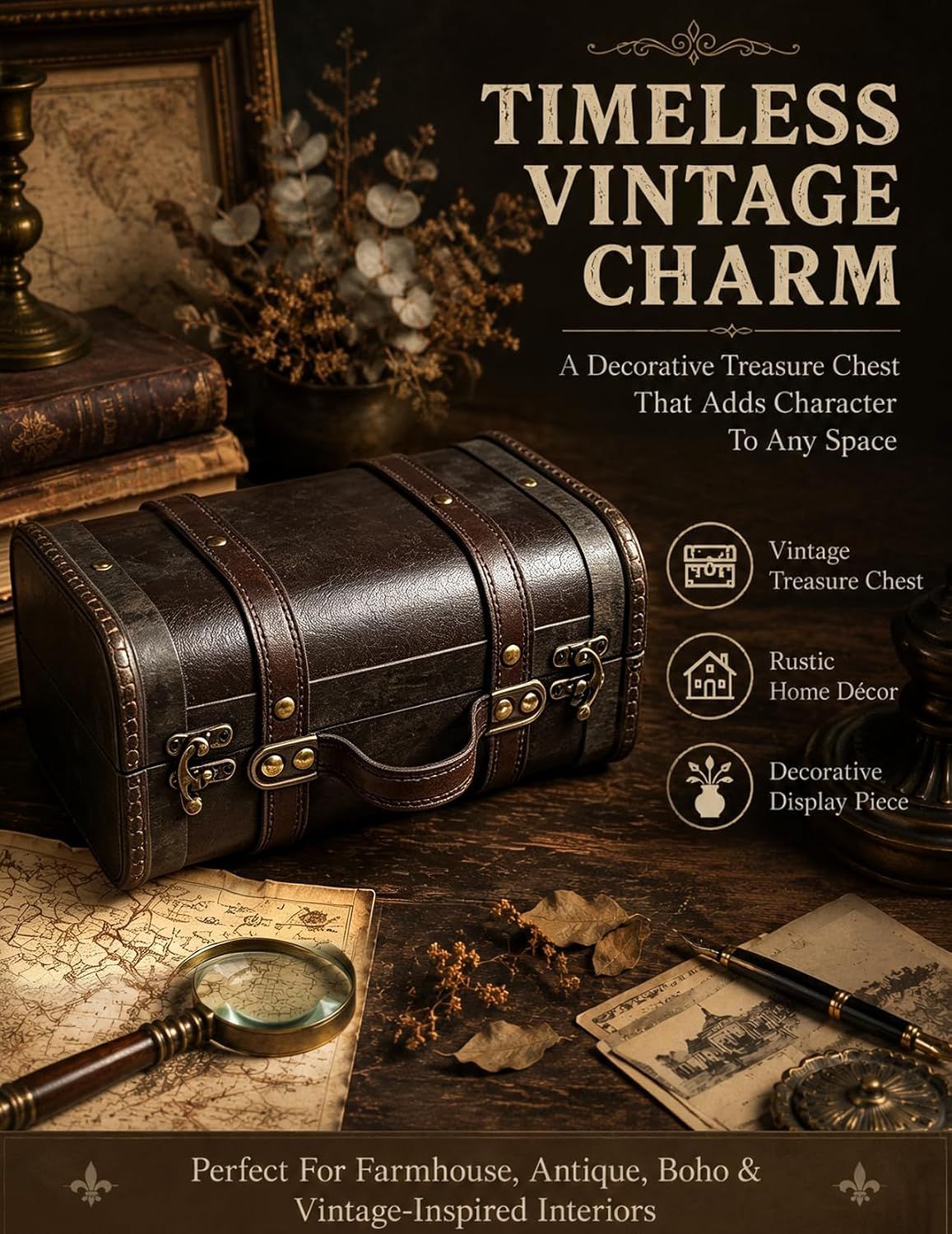 Sets a vintage decorative mood that positions the chest as a style piece for farmhouse and antique interiors. Communicates that the treasure chest adds character to any space through one core…