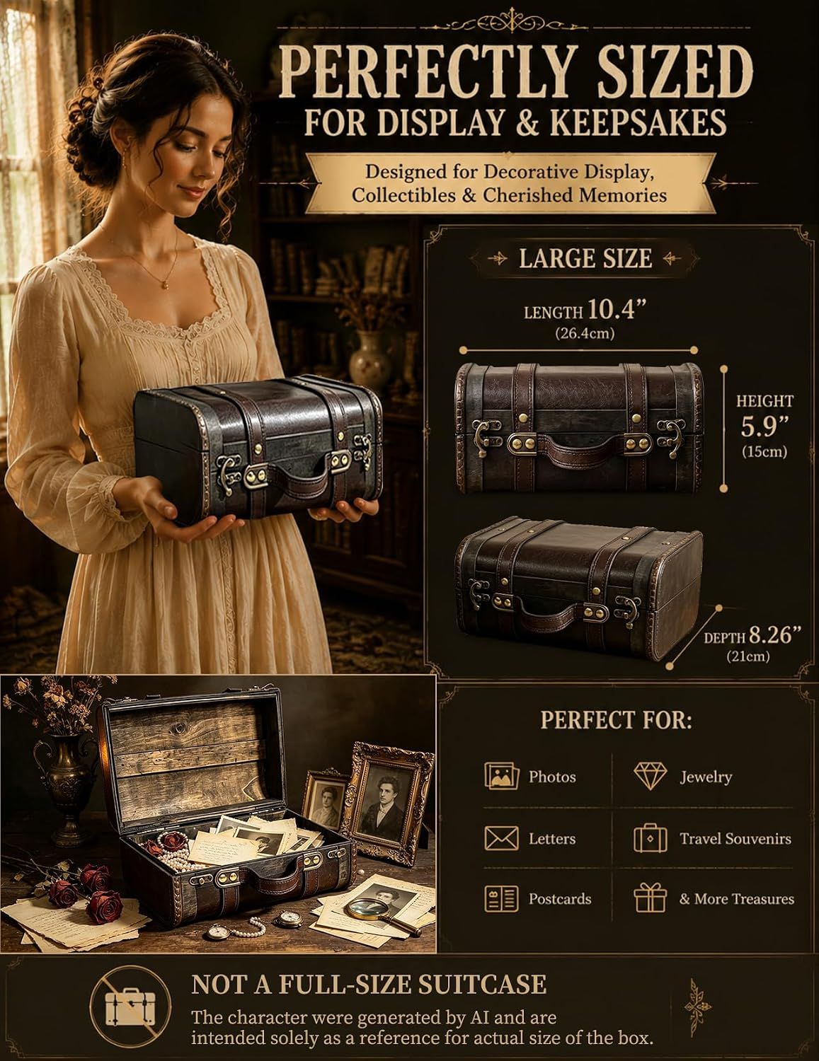 Displays exact dimensions so shoppers know the chest's physical size before buying. Shows the kinds of keepsakes the chest can hold to suggest its everyday uses.