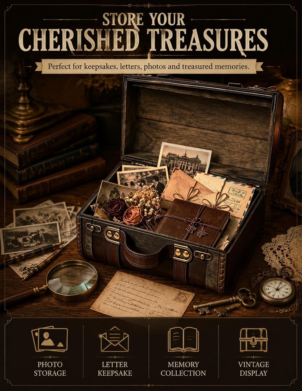 Positions the chest as a sentimental keepsake gift suited to gifting occasions. Lists four storage and display uses in segmented icons to show the chest's versatility for treasured items.