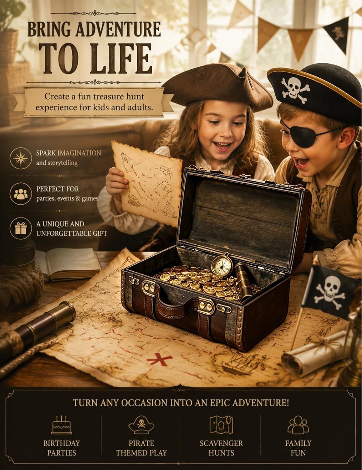 Shows multiple party and play scenarios so shoppers see the chest works for many occasions. Highlights several benefits in segmented callouts to show the chest is fun and gift-worthy.