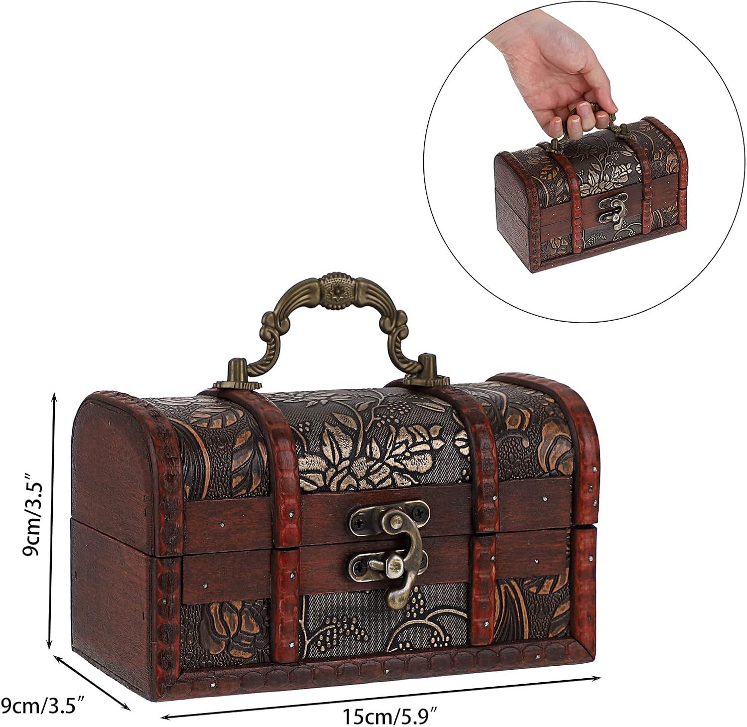Shows exact dimensions of the treasure chest so shoppers can judge its physical size before buying. Inset shows a hand carrying the box, highlighting its compact portable design.
