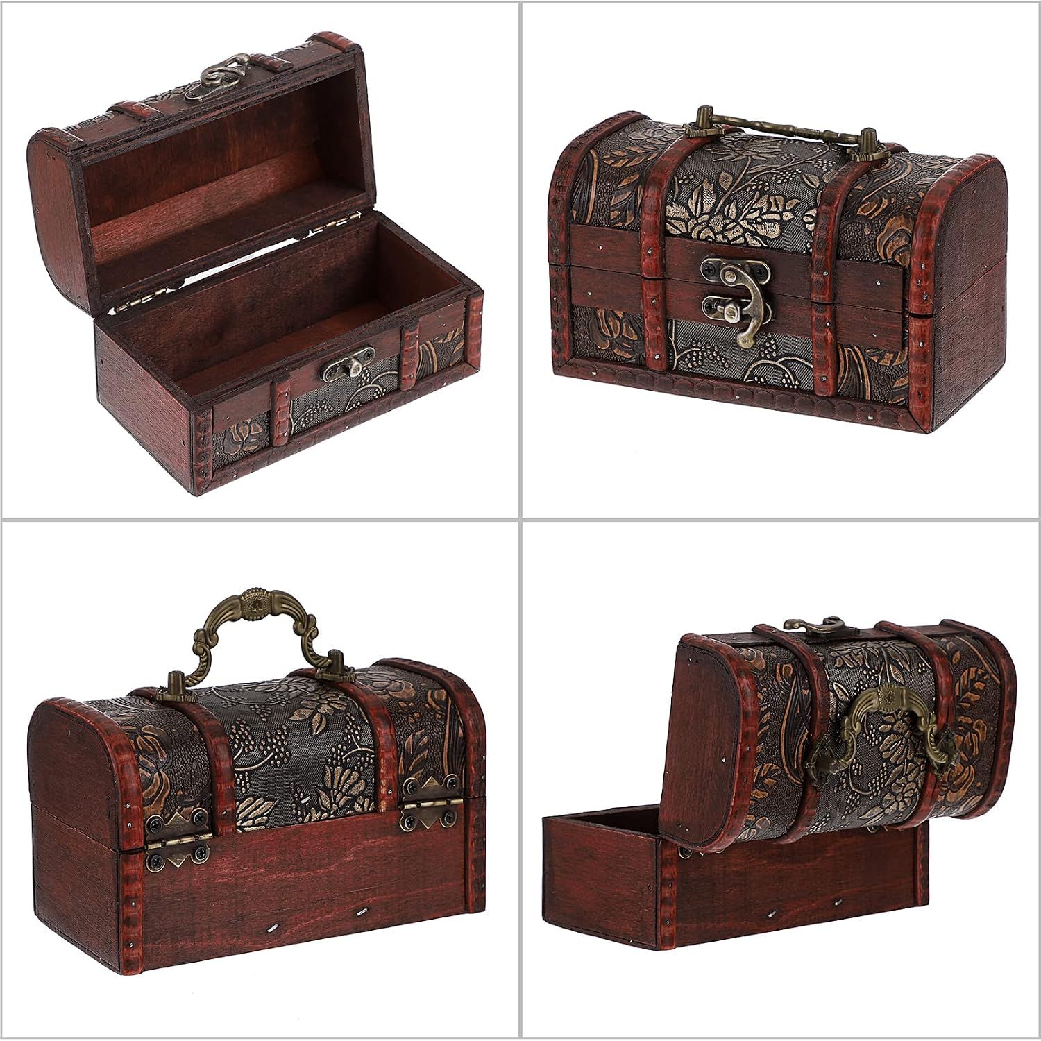 Shows the box from several angles and open to reveal the interior storage space. Presents multiple views highlighting the construction, latch, handle, and decorative finish.