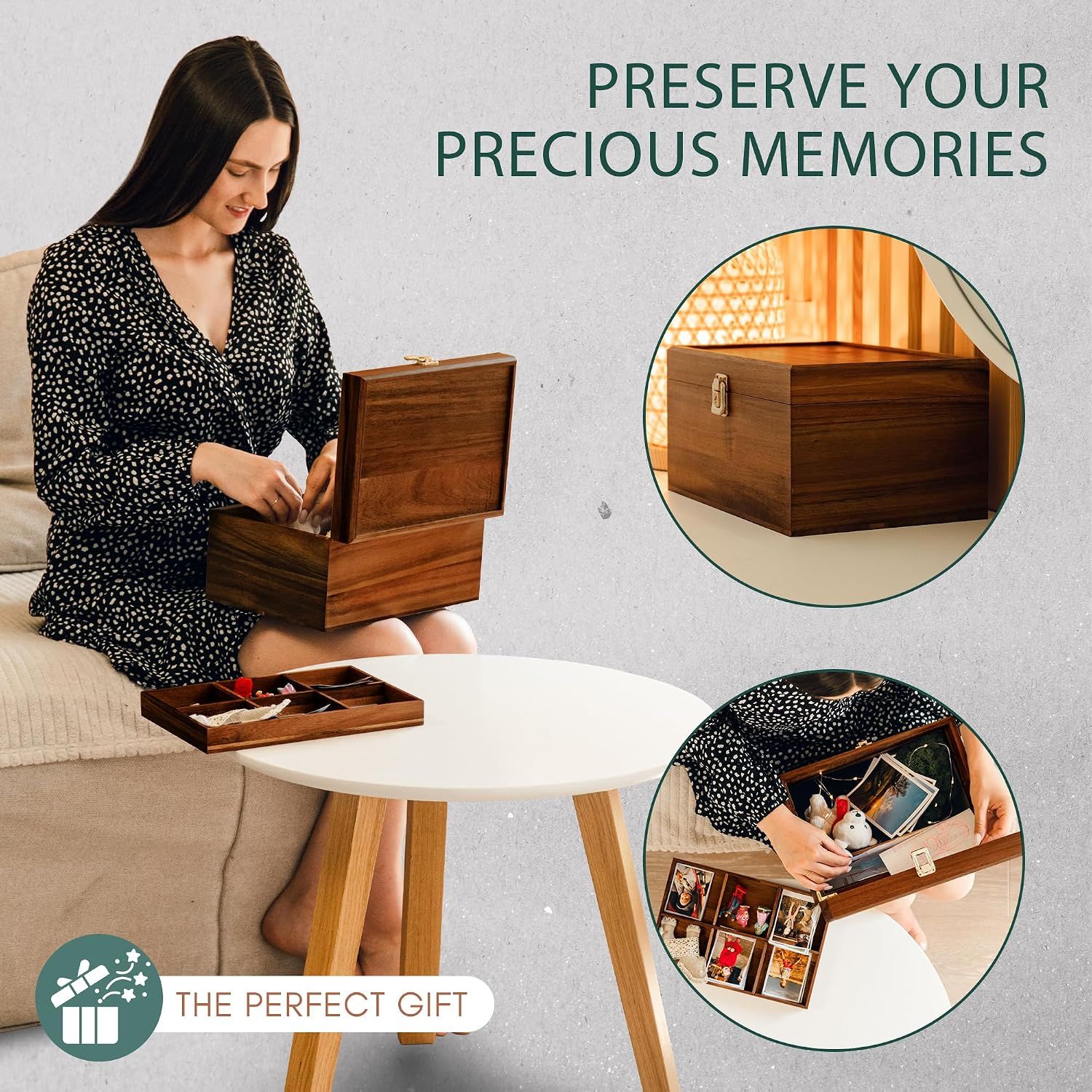 Conveys that the wooden keepsake box is designed to preserve cherished memories, reinforced by a lifestyle scene and a gift badge. Positions the memory box as a gift option through the Perfect Gift…