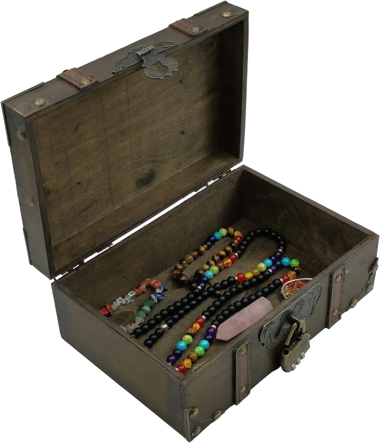 Shows the open trunk filled with jewelry from an angled view to suggest real-world use for storing accessories.