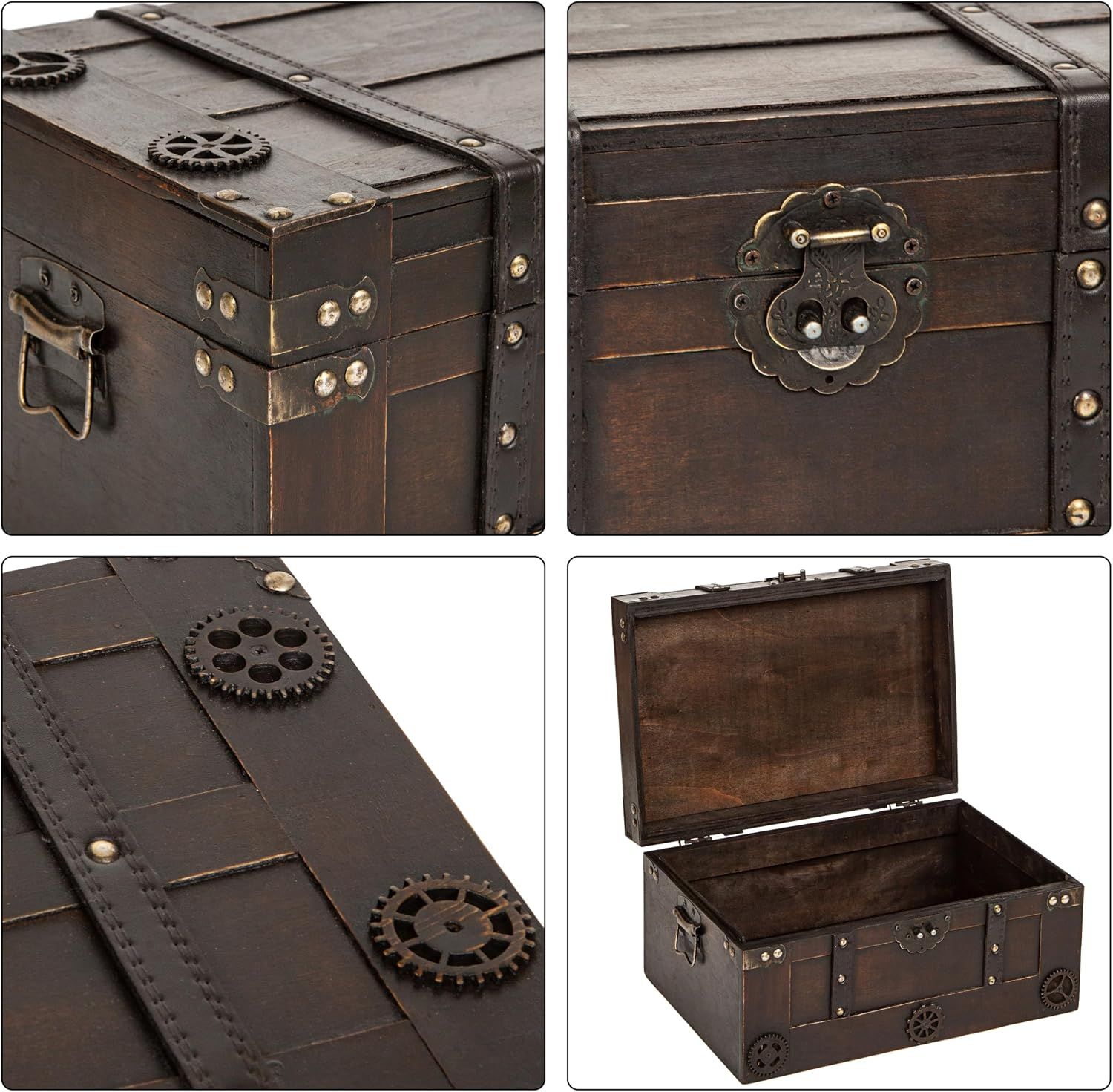 Close-up views highlight the latch, corner hardware, gear details, and open interior construction to show quality craftsmanship.