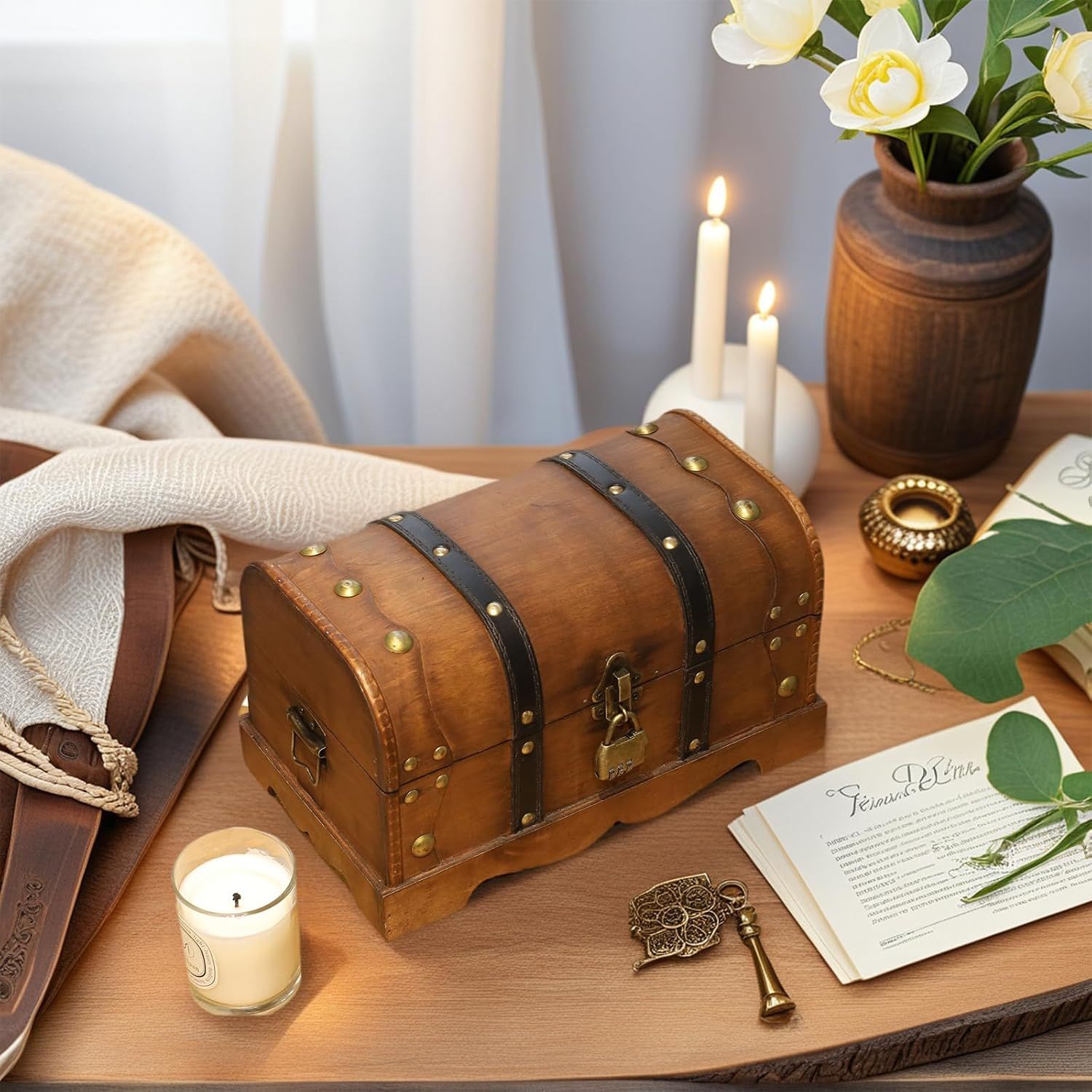 Shows the chest styled in a cozy room setting as a decorative keepsake box.