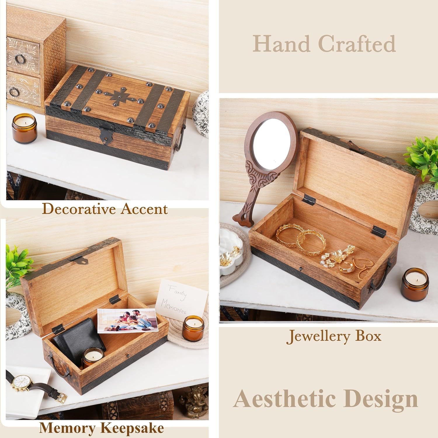 Shows the wooden box styled in real home settings for decor and keepsake storage. Segmented panels highlight the handcrafted build and aesthetic design of the box.
