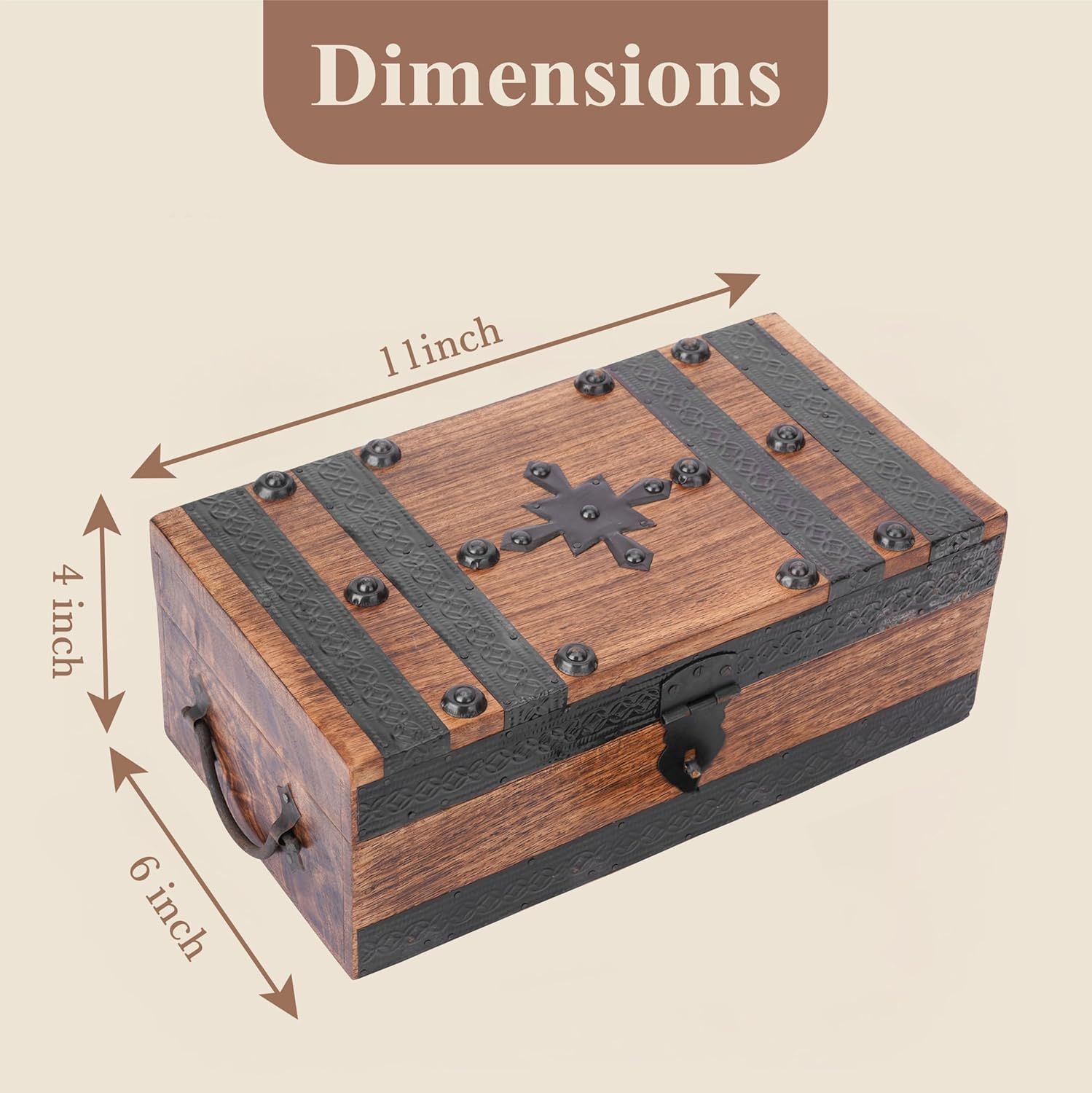 Shows the exact physical size of the wooden box so shoppers can judge whether it fits their space.