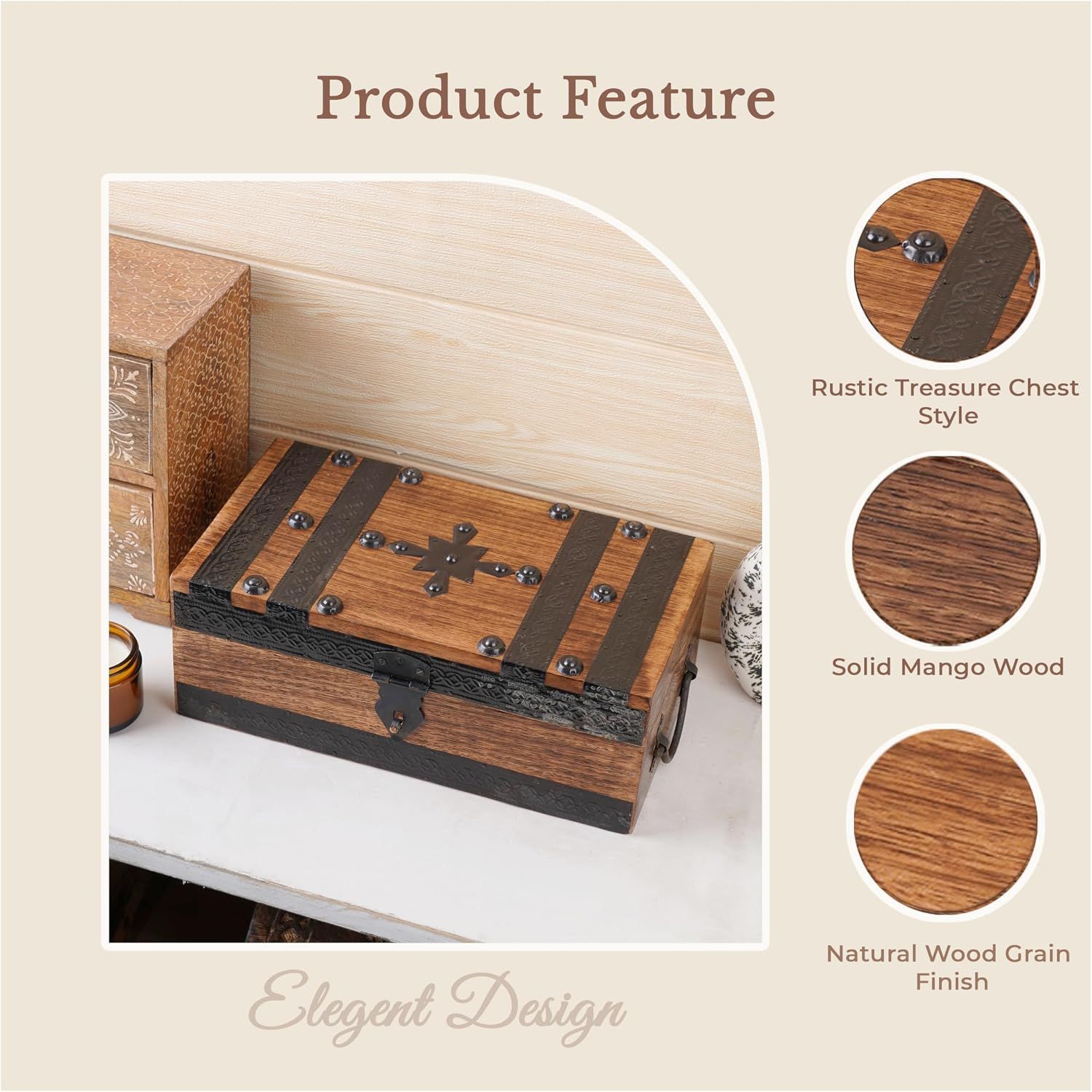 Presents the wooden treasure chest's rustic style, solid mango wood build, and natural grain finish through a main product photo with supporting detail circles to reassure shoppers of its elegant,…