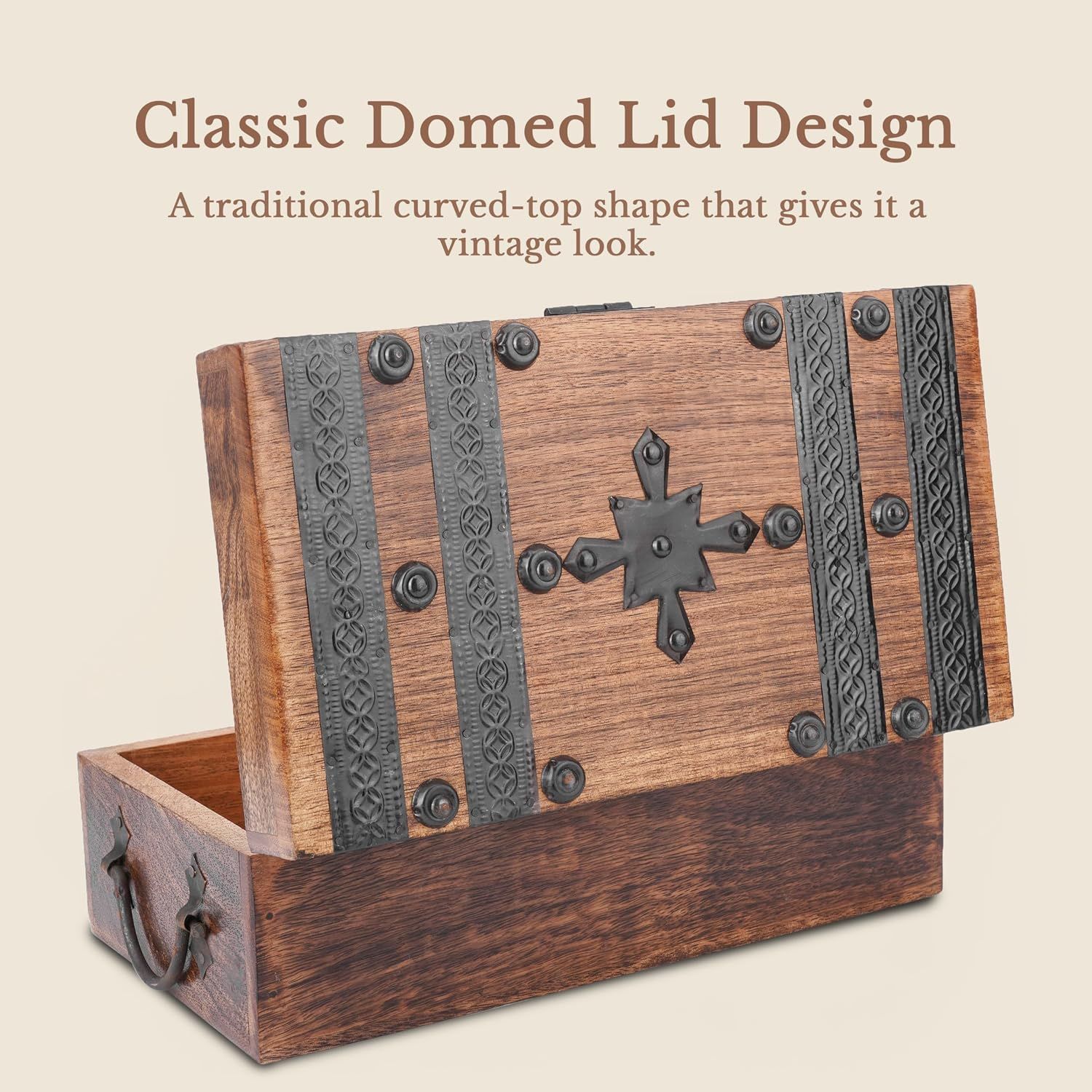 Highlights the traditional curved-top lid shape that gives the box a vintage appeal.