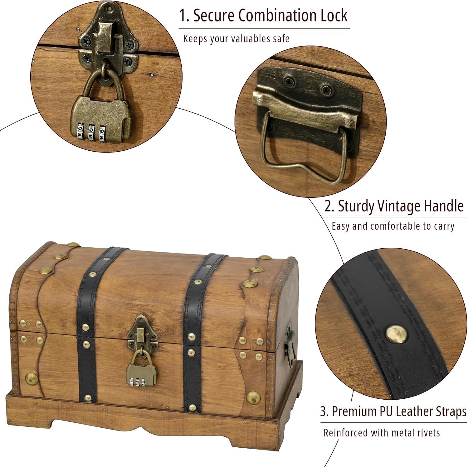 Highlights several build features in segmented callouts so shoppers see the trunk is secure, sturdy, and well made.