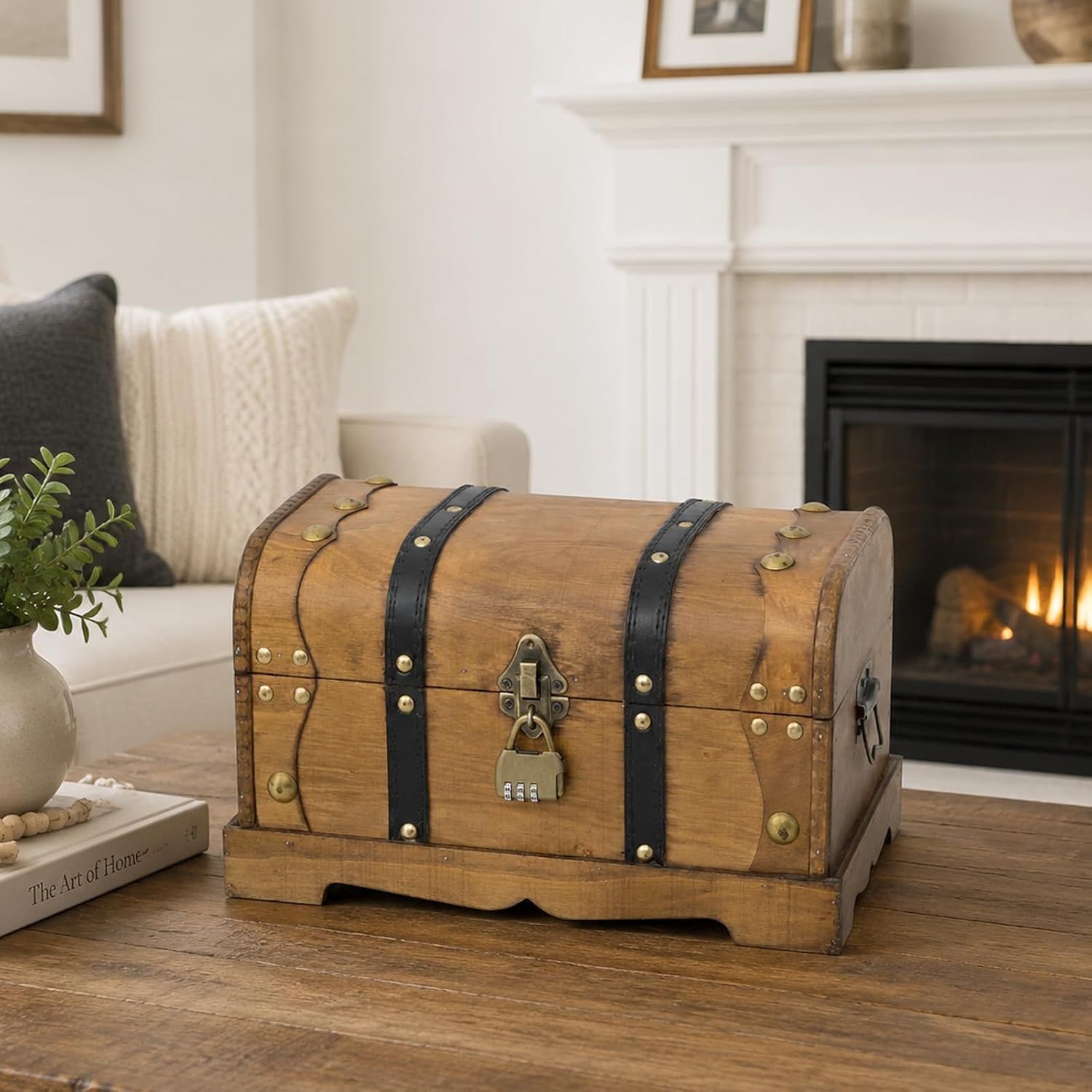 Presents the trunk as an attractive lockable decor piece for a living space.