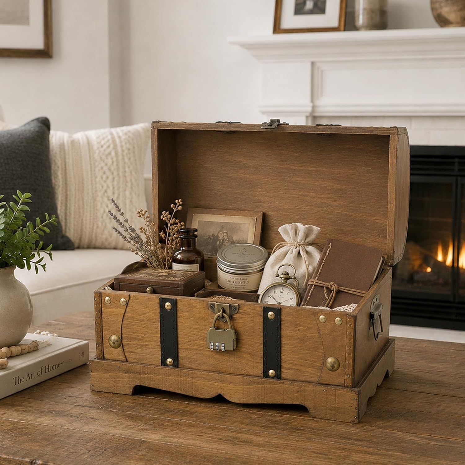 Shows the trunk filled with keepsakes and gift items to suggest it works well for organizing and storing treasures.