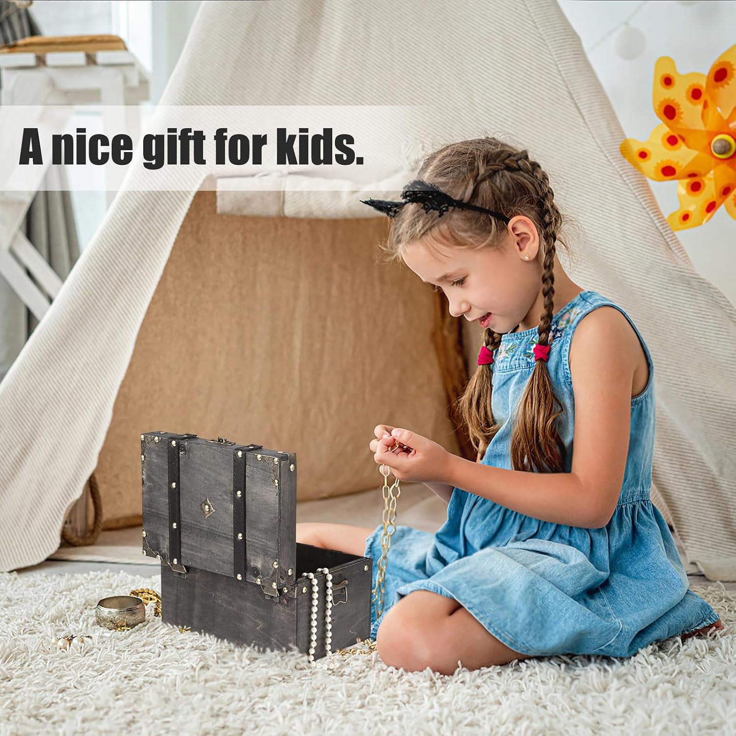 Positions the chest as a gift for kids with a playful use scene. Frames the chest as a gift suitable for gifting occasions.