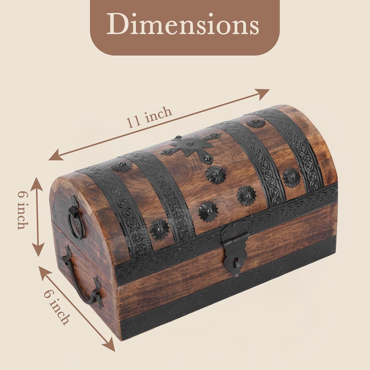 Shows the exact physical dimensions of the treasure chest so shoppers know its size before buying.