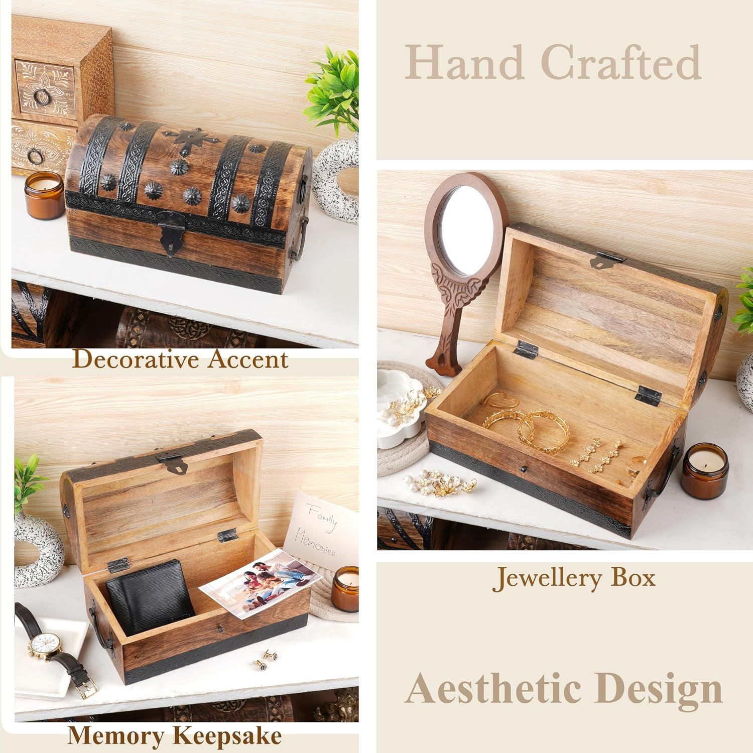 Shows multiple uses for the chest including decor, keepsake storage, and jewelry storage to demonstrate versatility. Highlights the handcrafted quality and aesthetic design in segmented panels.
