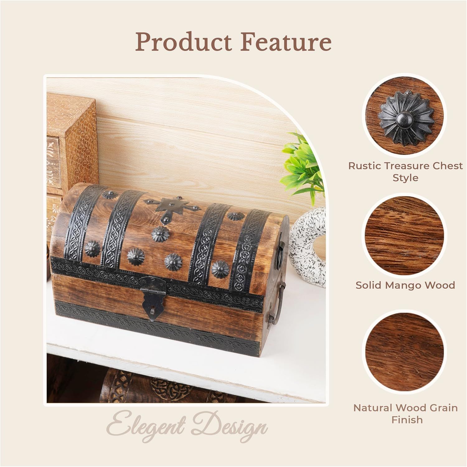 Presents several material and style features in segmented callouts to show the chest's build quality and look.