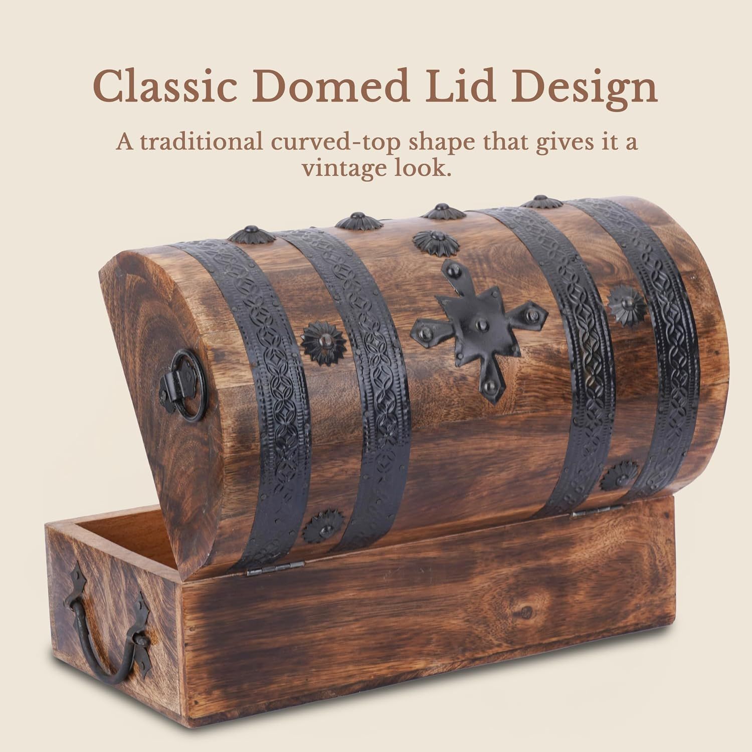 Shows the traditional curved-top lid that gives the box a vintage look.