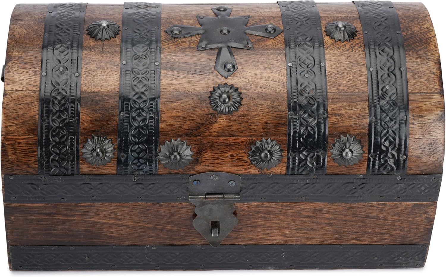 Highlights the detailed metal studs, straps, and latch that give the chest its vintage look.