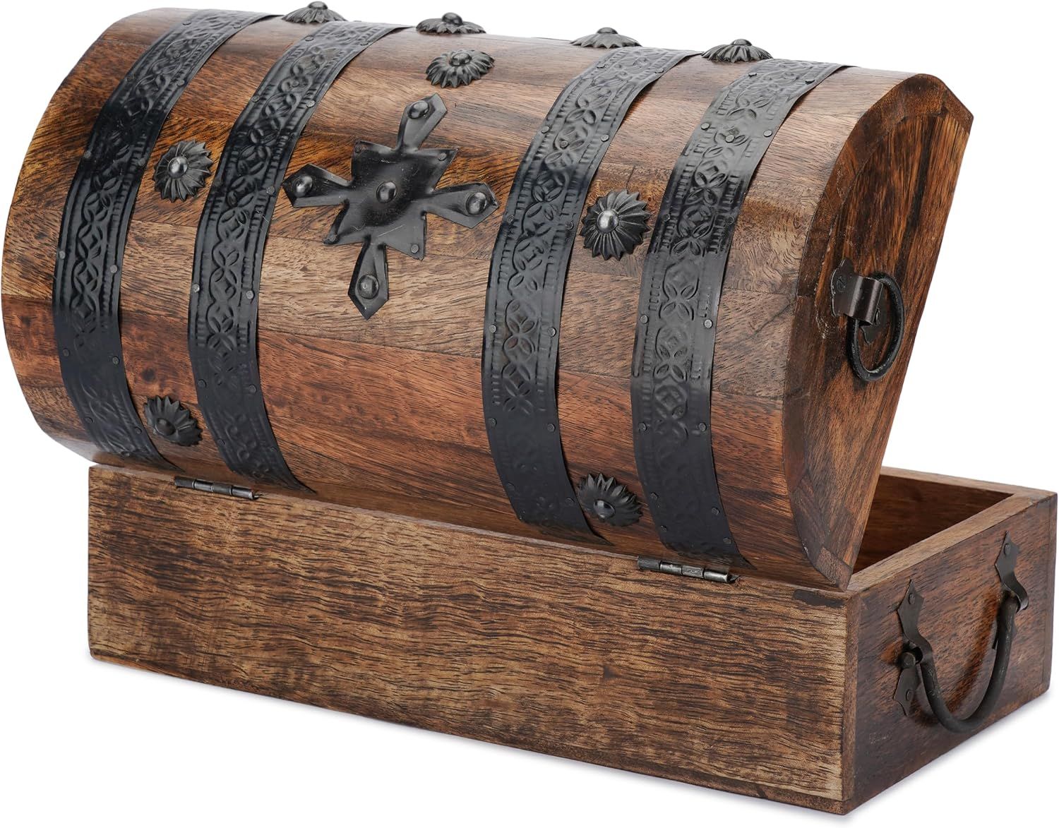 Shows the open chest and sturdy wood build to reassure shoppers about quality.
