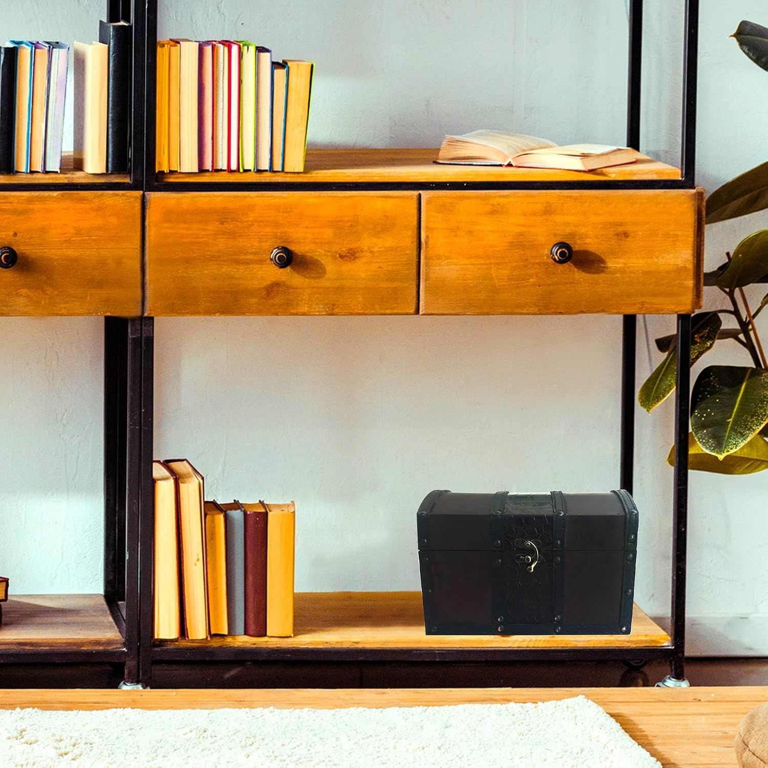 Shows the chest styled on a bookshelf in a living space so shoppers can visualize decorative use.