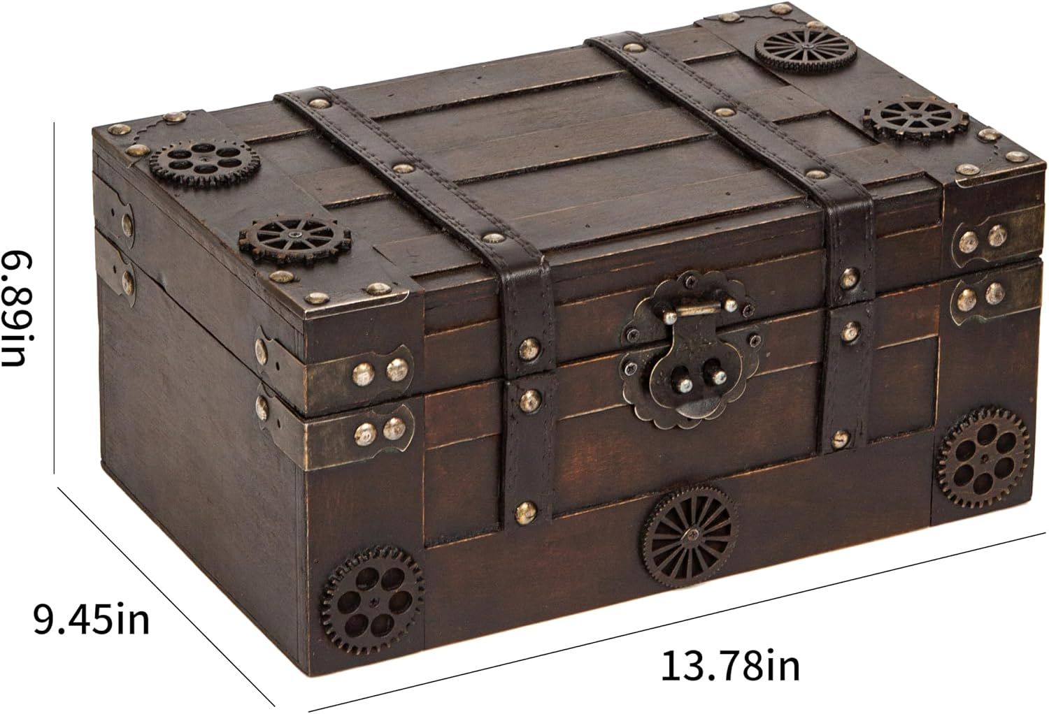 Shows the exact physical dimensions of the wooden storage chest so shoppers can judge how much space it will take up.
