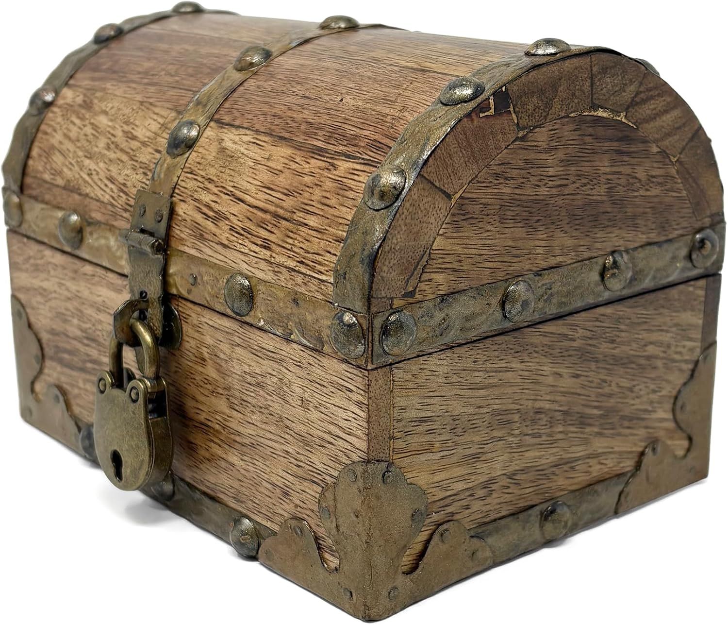 Shows the padlock and brass hardware to reassure shoppers of a secure, decorative treasure chest.