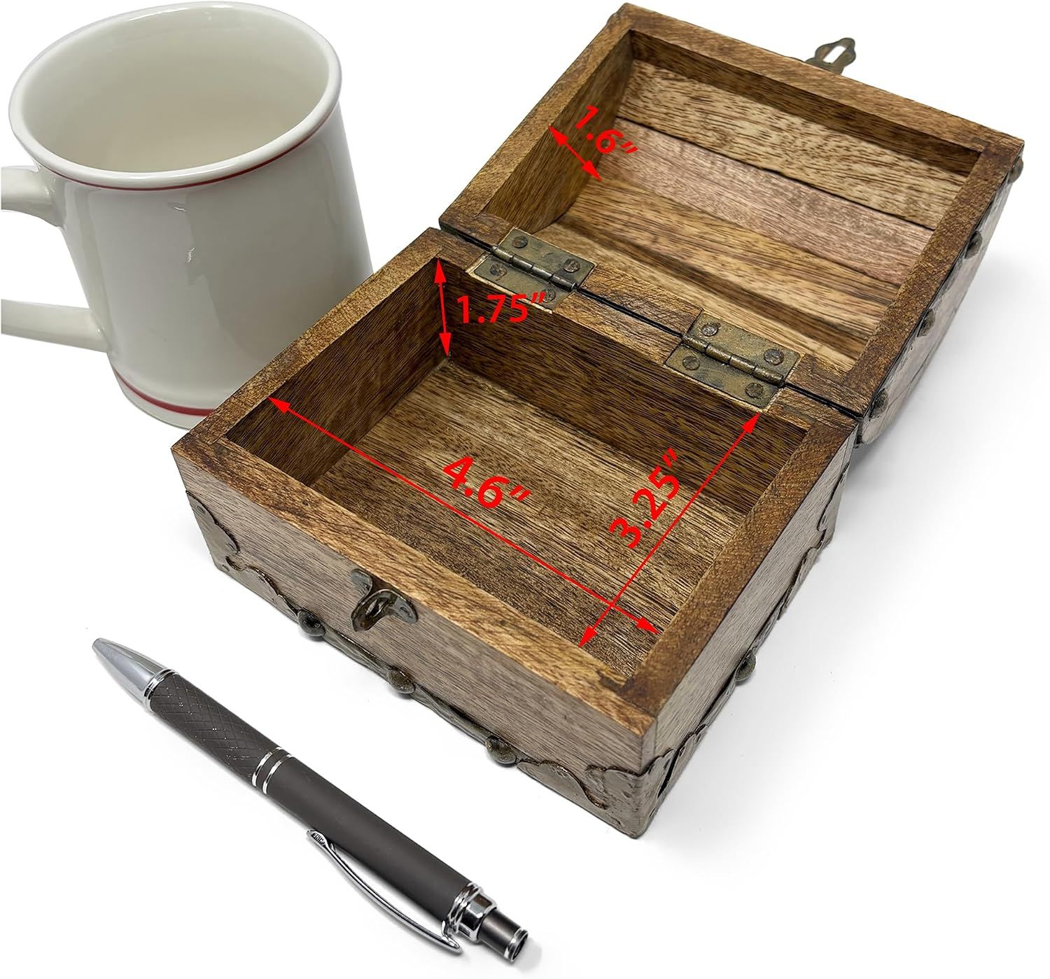 Shows the interior storage dimensions with a mug and pen for scale so shoppers can judge capacity.