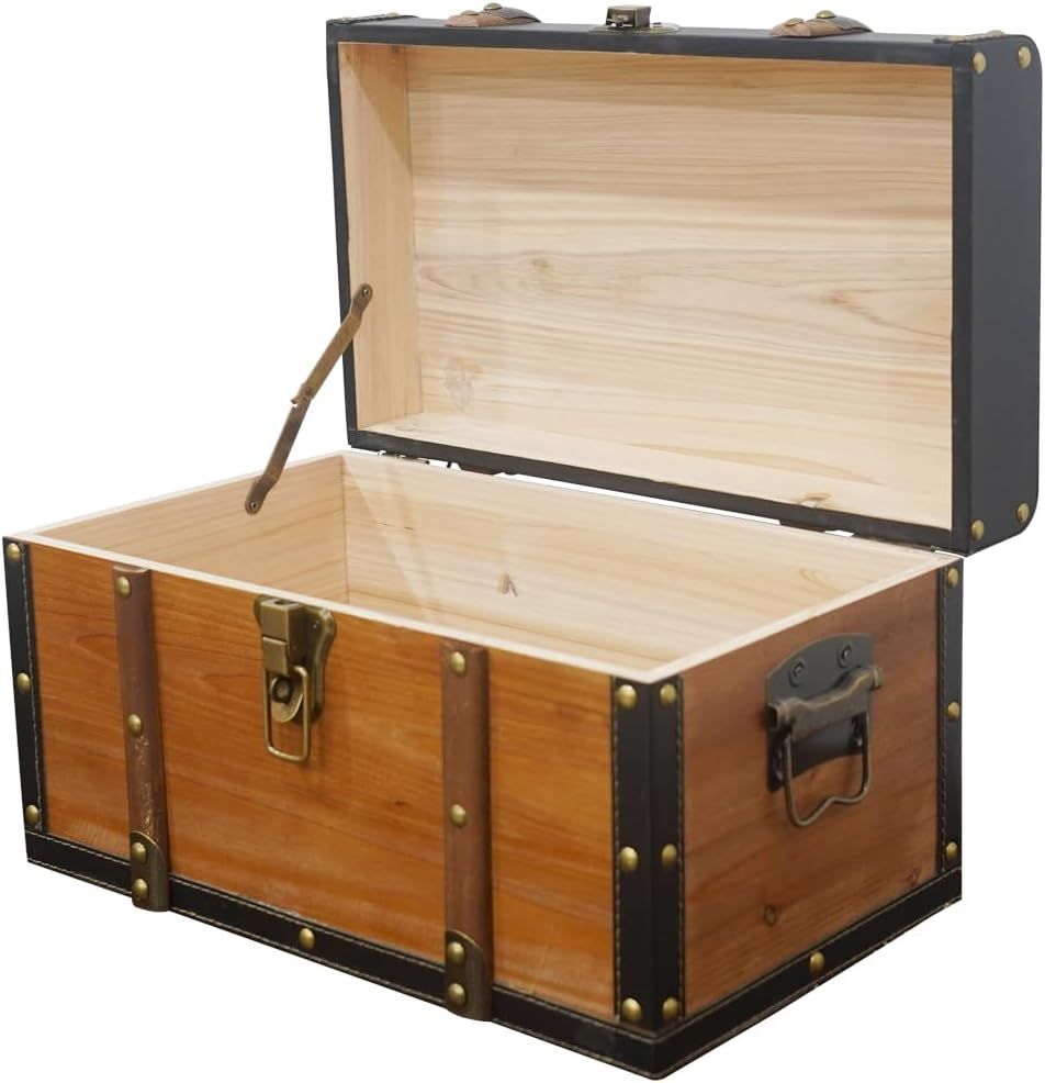 Shows the open interior so shoppers can see the storage space and construction of the trunk. Highlights the roomy wooden interior as the main selling point.