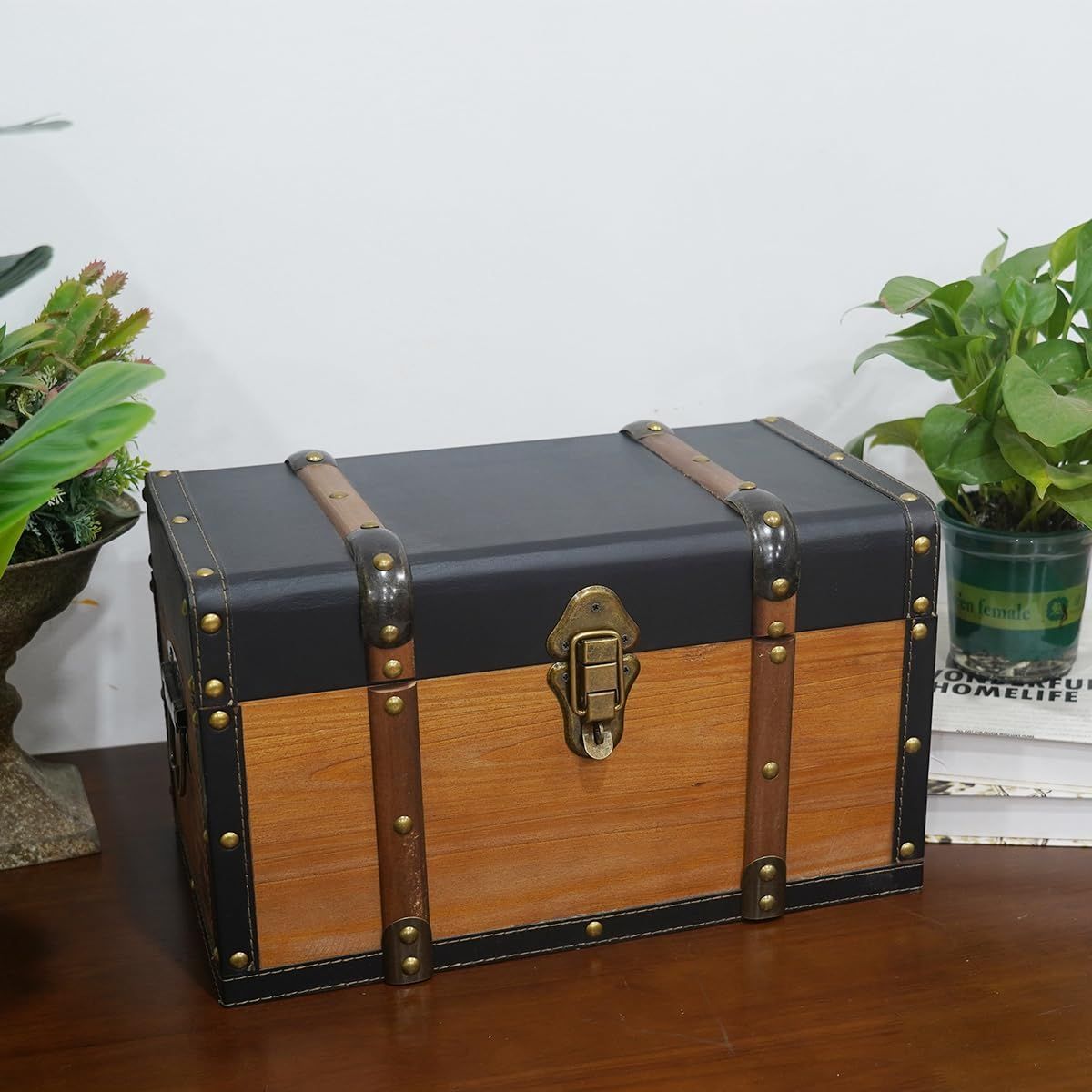 Shows the trunk styled on a wooden table among plants to inspire home decor use.