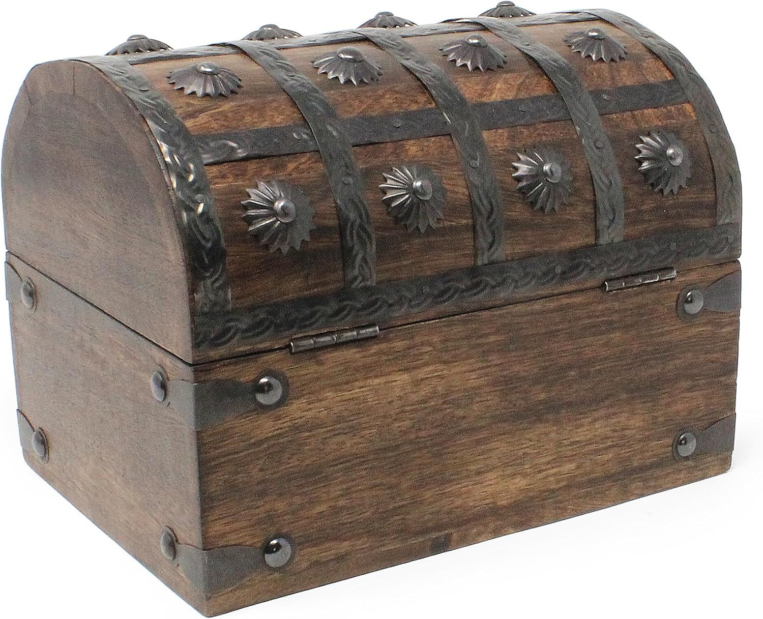 Highlights the decorative hand-finished metal bands and studs on the chest in a clean product photo.