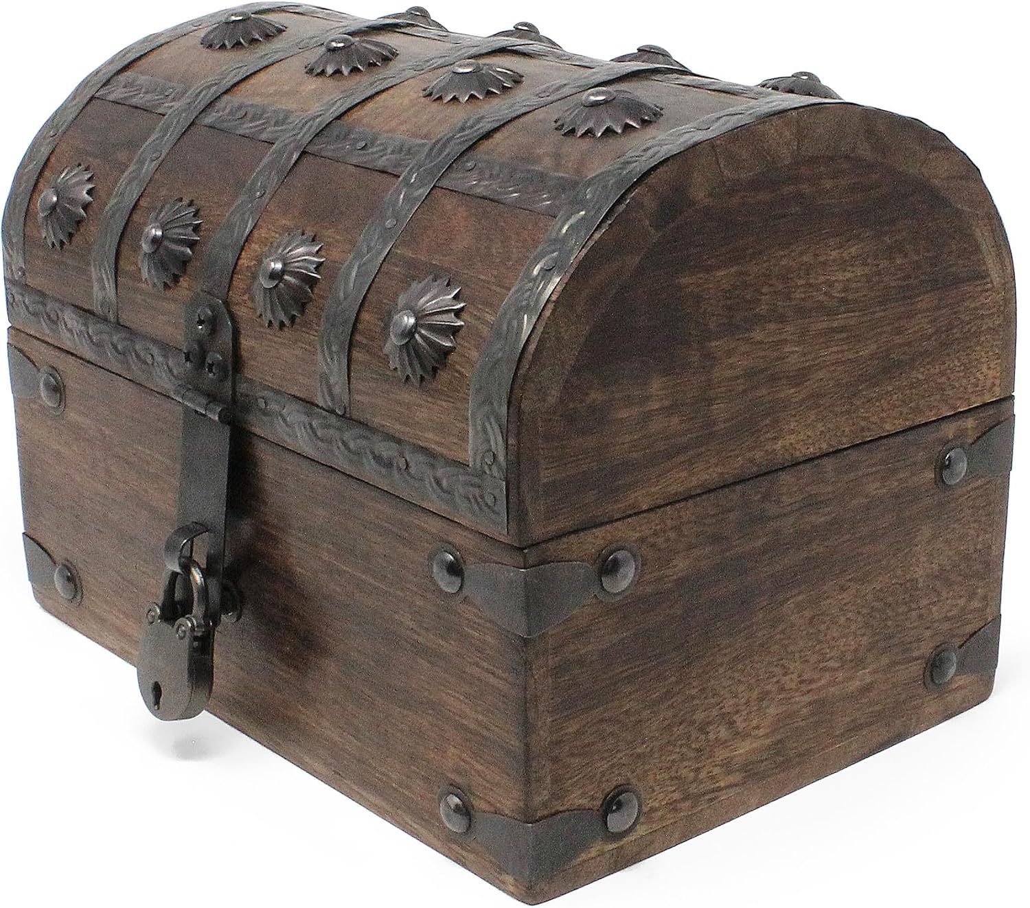 Highlights the authentic antique pirate look and included lock in a clean product photo.