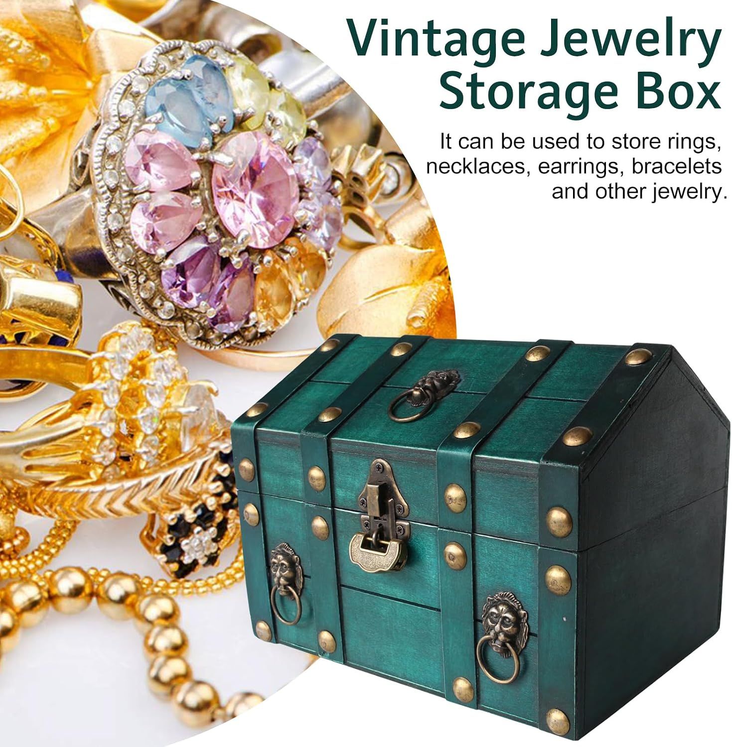 Shows the box beside jewelry to communicate its core use for storing rings, necklaces, earrings, and bracelets.