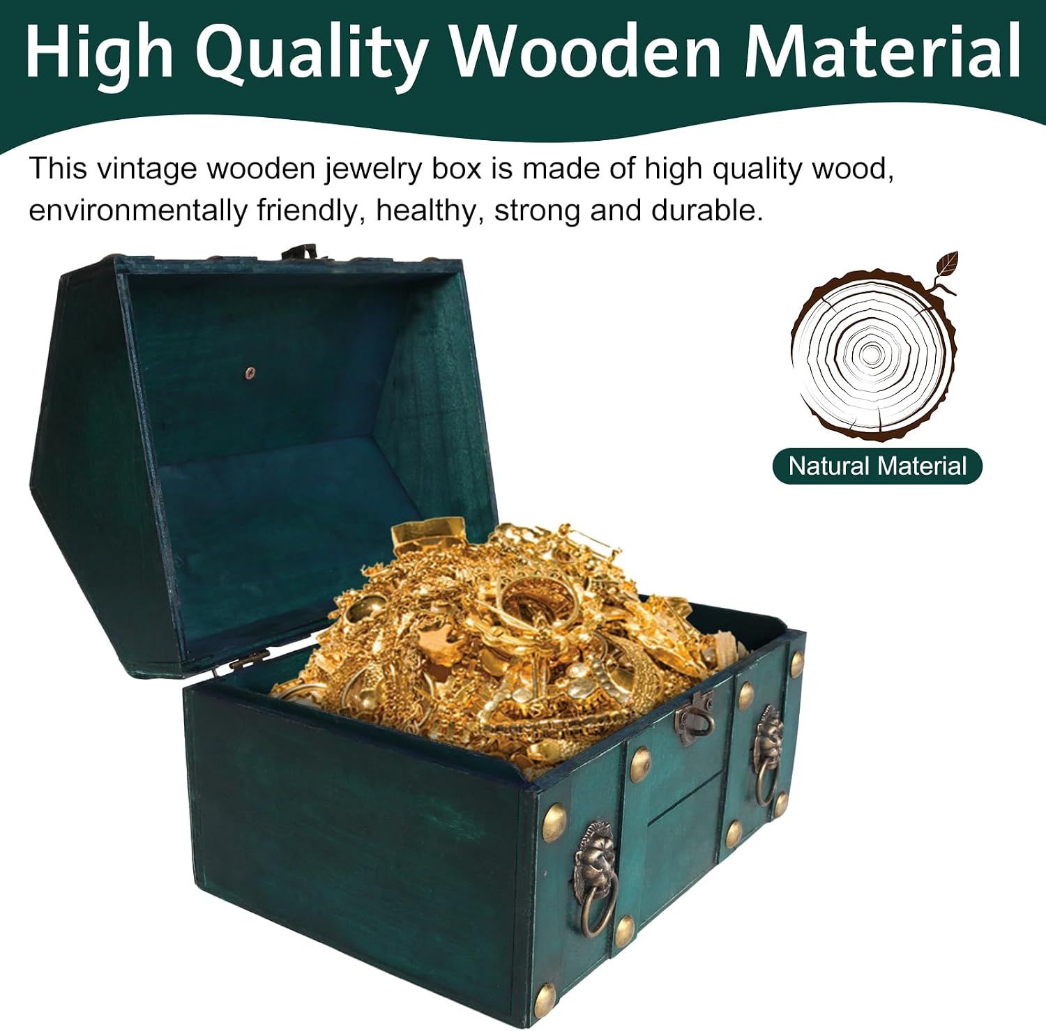 Reassures shoppers that the box is made from natural, eco-friendly, durable wood. Highlights the strong, high quality wooden construction with a simple one-scene layout.