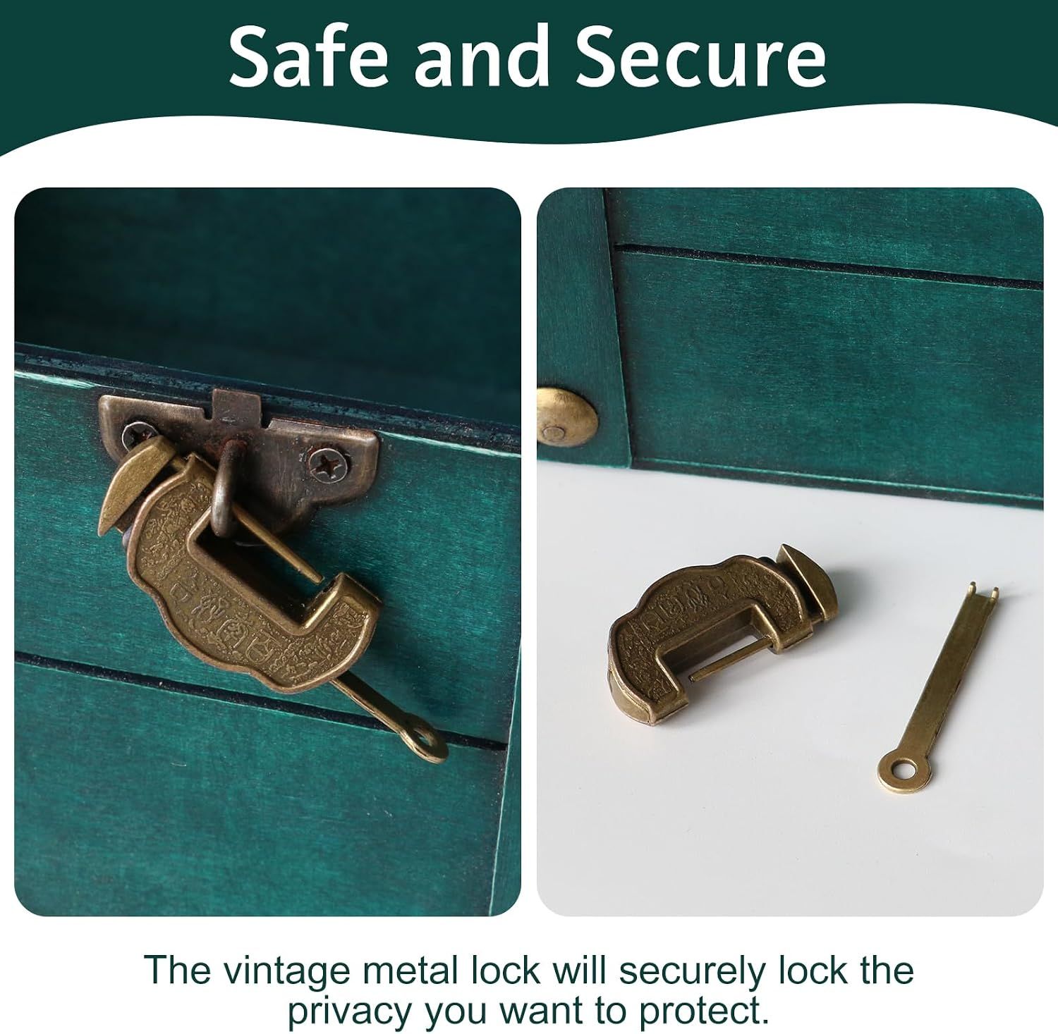 Assures shoppers the vintage metal lock keeps contents private and secure.