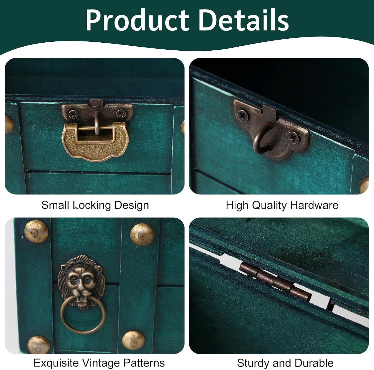 Shows four segmented panels highlighting lock design, hardware quality, decorative patterns, and durable hinges.