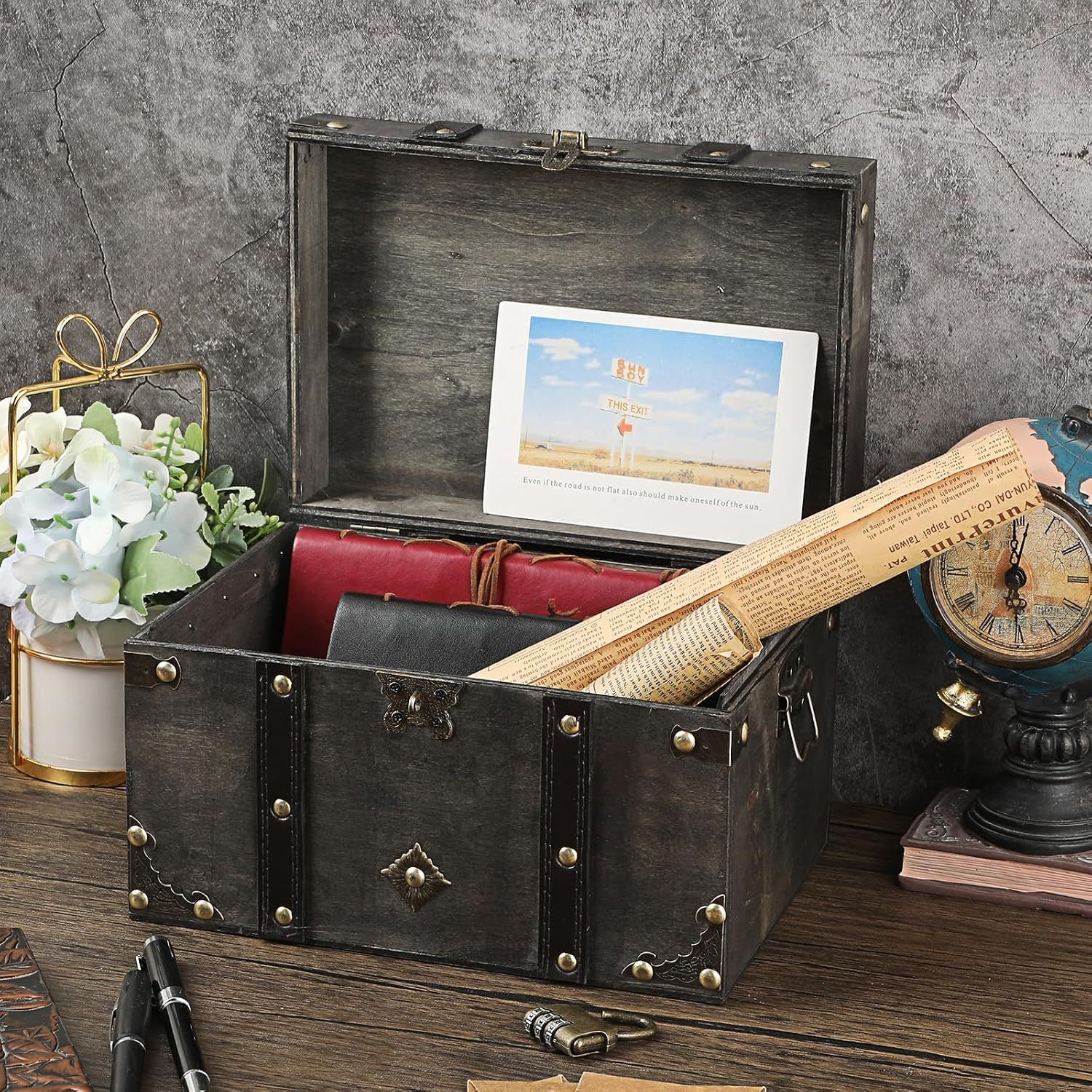 Shows the open chest with room for books and papers to reassure shoppers about storage capacity.