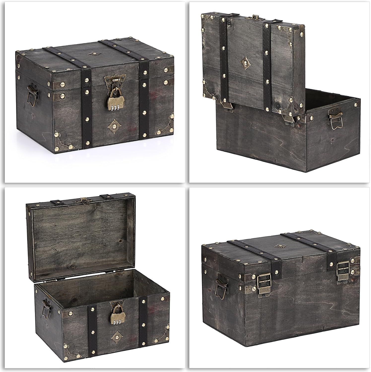 Shows the lock and multi-angle construction to reassure shoppers the chest keeps contents secure. Presents four views of the chest to show its build, opening style, and hardware.